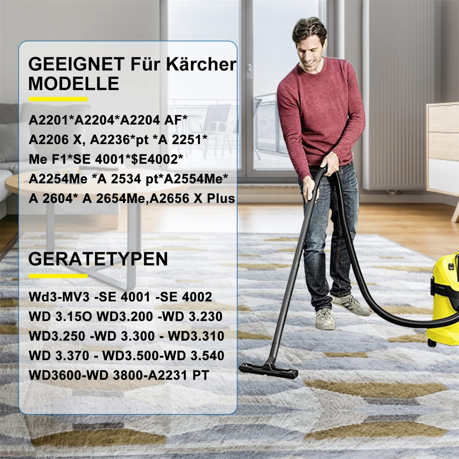 Ein Mann benutzt einen Staubsauger. Text zeigt Staubsaugermodelle und den Text 'Geeignet Für Kärcher Modelle'.