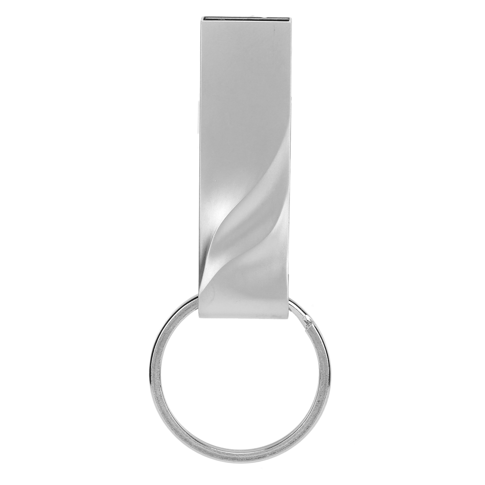 Ein silberner USB-Stick mit einem Schlüsselring. Der Stick hat ein geschwungenes Design und ist auf weißem Hintergrund.