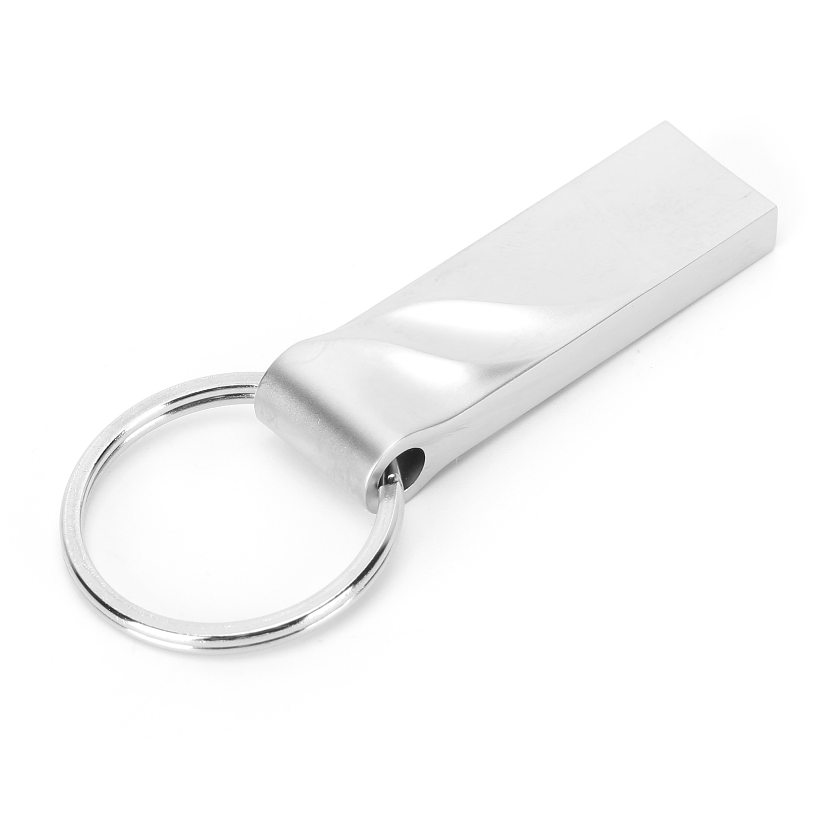 Ein silberner USB-Stick mit Schlüsselring, der Stick hat eine rechteckige Form.