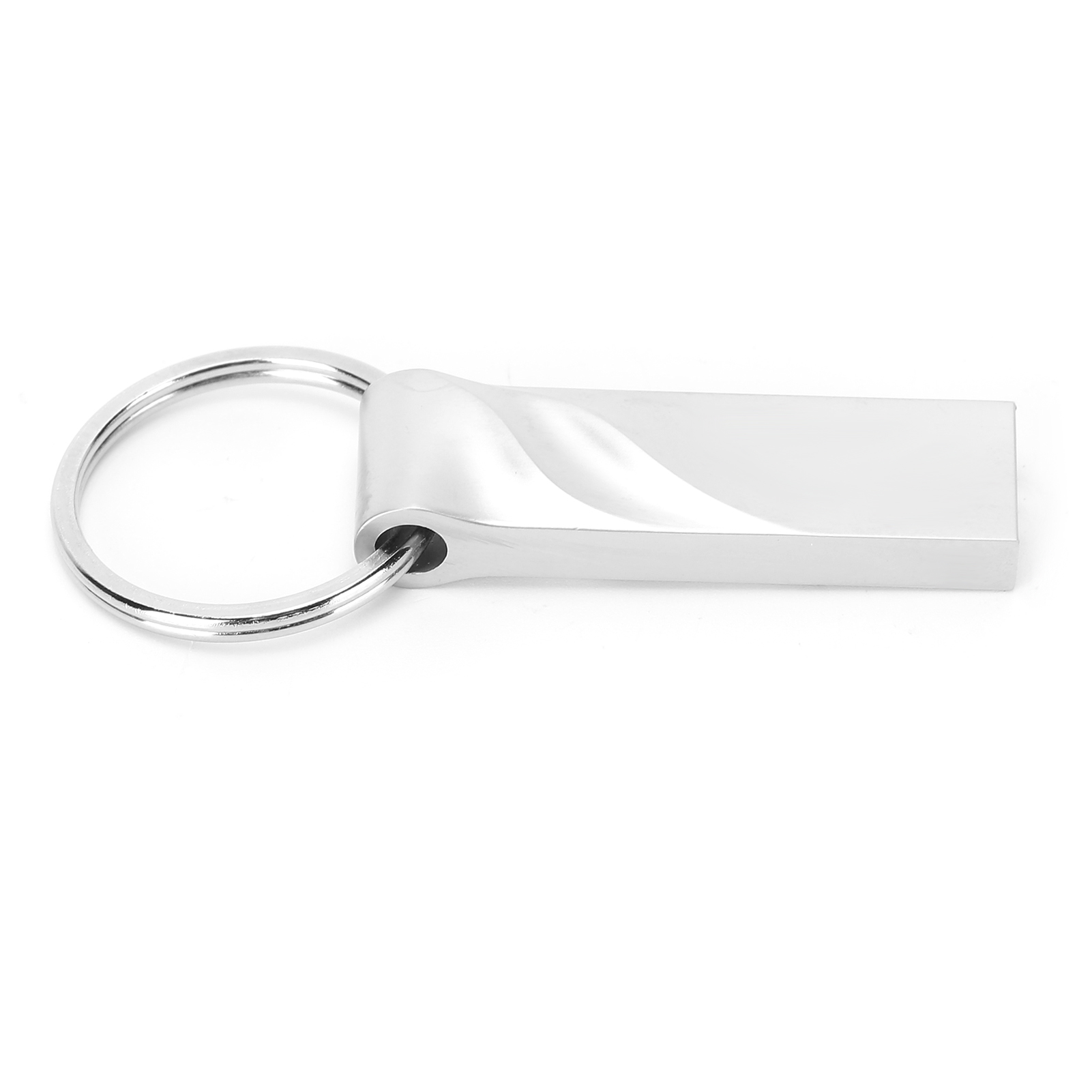 Ein silberner USB-Stick mit Schlüsselring, der Stick hat eine rechteckige Form.
