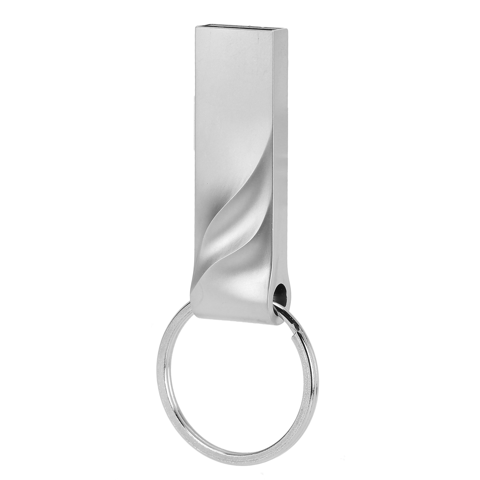 Ein silberner USB-Stick mit Schlüsselring, der Stick hat ein geschwungenes Design.