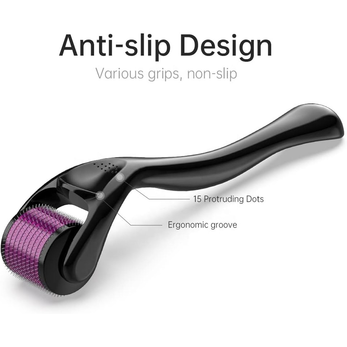 Schwarzer Derma-Roller mit lila Nadeln. Text: rutschfestes Design, ergonomische Rille, Punkte.