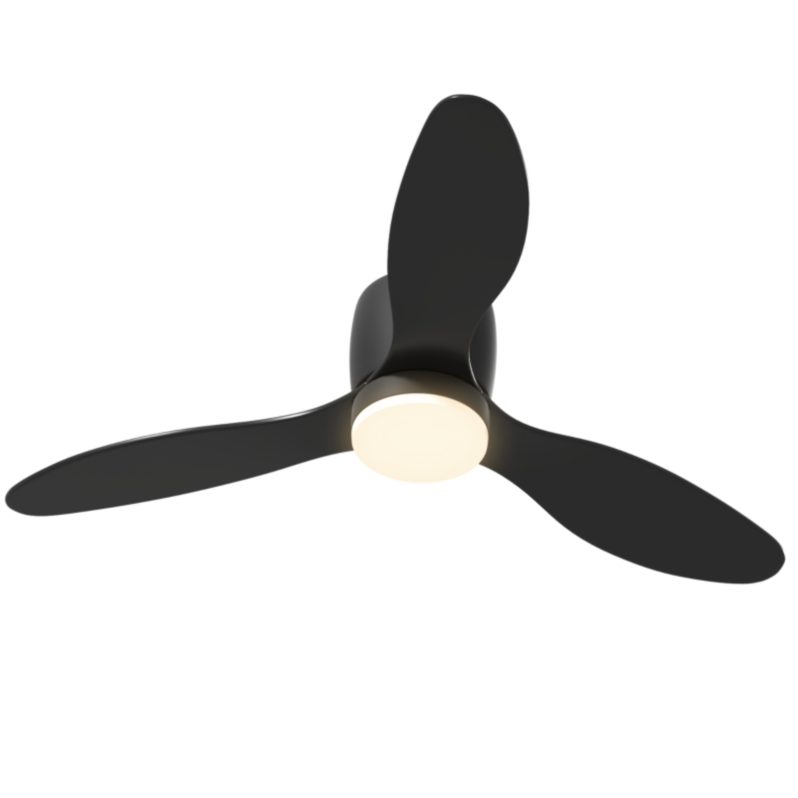 Schwarzer Deckenventilator mit drei Flügeln und einem zentralen Licht, isoliert auf weißem Hintergrund.