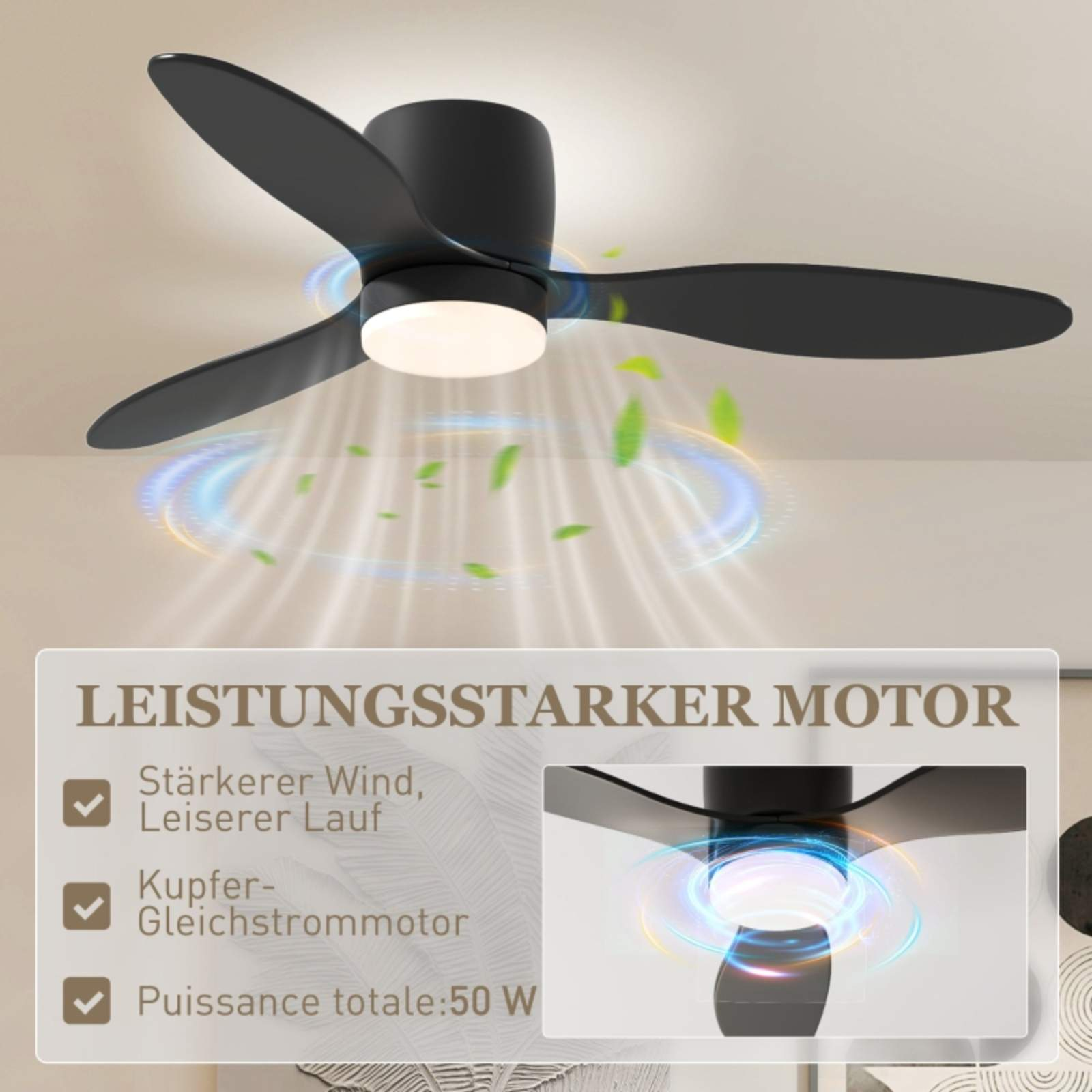 Ein schwarzer Deckenventilator mit drei Flügeln und Licht, mit Produktdetails.