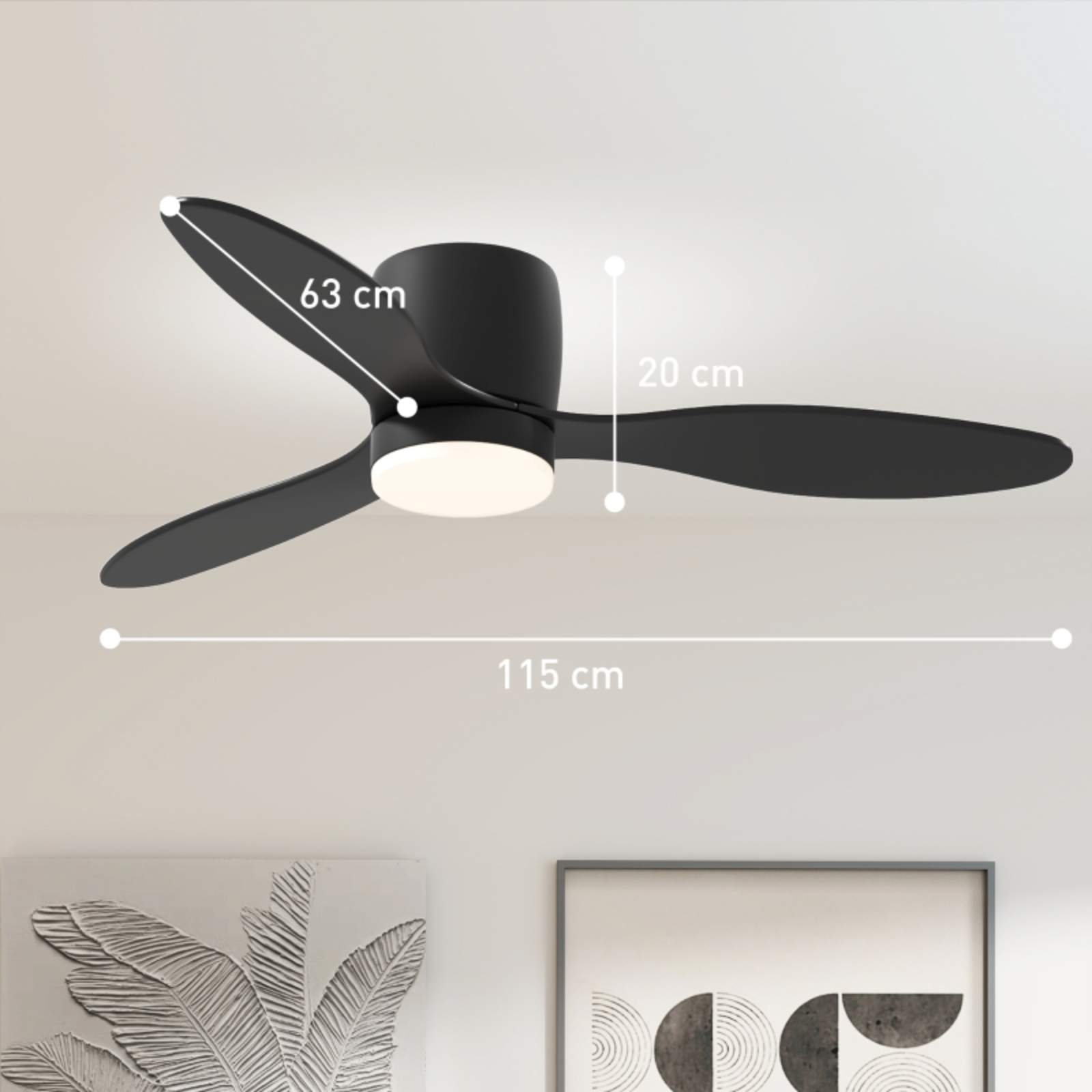Schwarzer Deckenventilator mit drei Flügeln, weißes Licht, Maße an weißer Decke gezeigt.