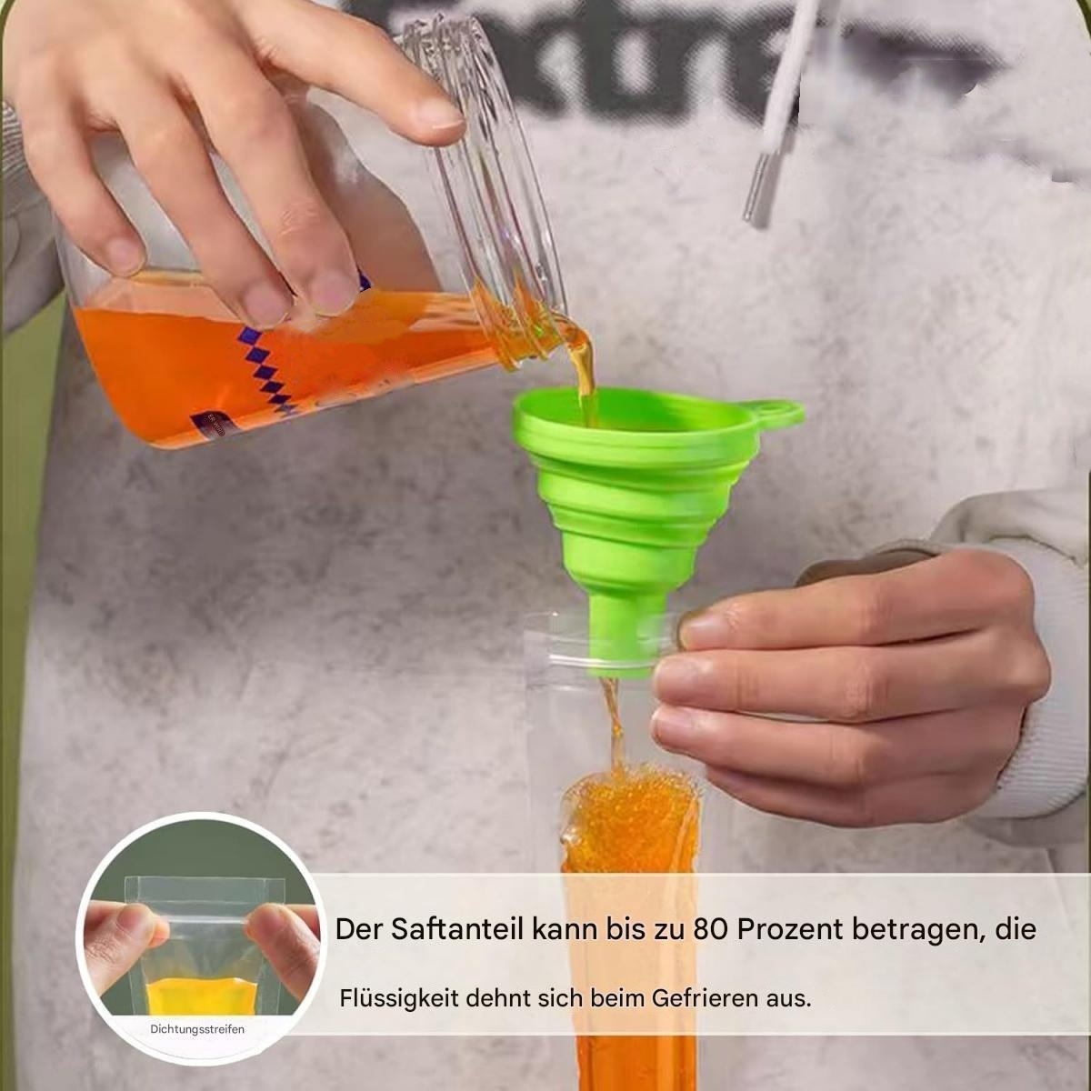 Eine Person gießt orangene Flüssigkeit aus einem transparenten Behälter in einen grünen Trichter, um einen kleinen Behälter zu füllen.