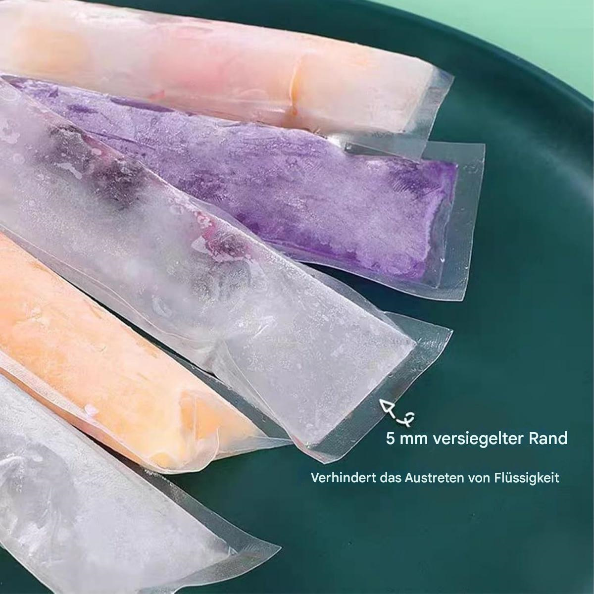 Eis am Stiel in Plastikhüllen, mit 5 mm versiegelten Kanten, auf einem teal Teller.