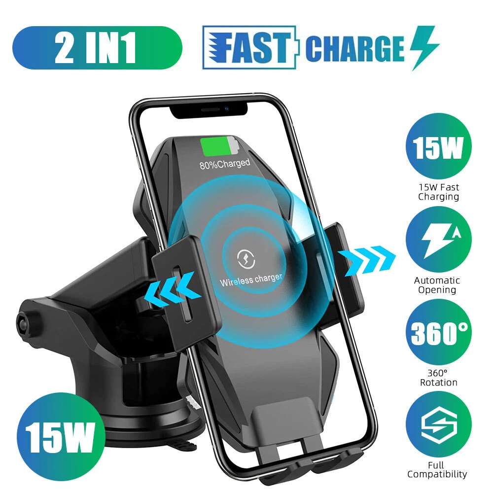 Ein Telefon wird in einem schwarzen kabellosen Ladegerät gehalten, das den Ladestatus anzeigt. Der Halter ist an der Windschutzscheibe.