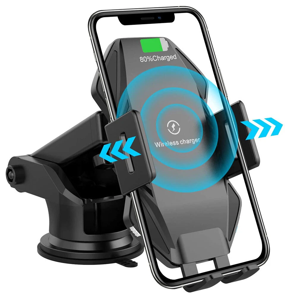 Ein schwarzes kabelloses Autoladegerät, das ein Telefon mit 80 % Akkuladung und blauem Funksignal hält.