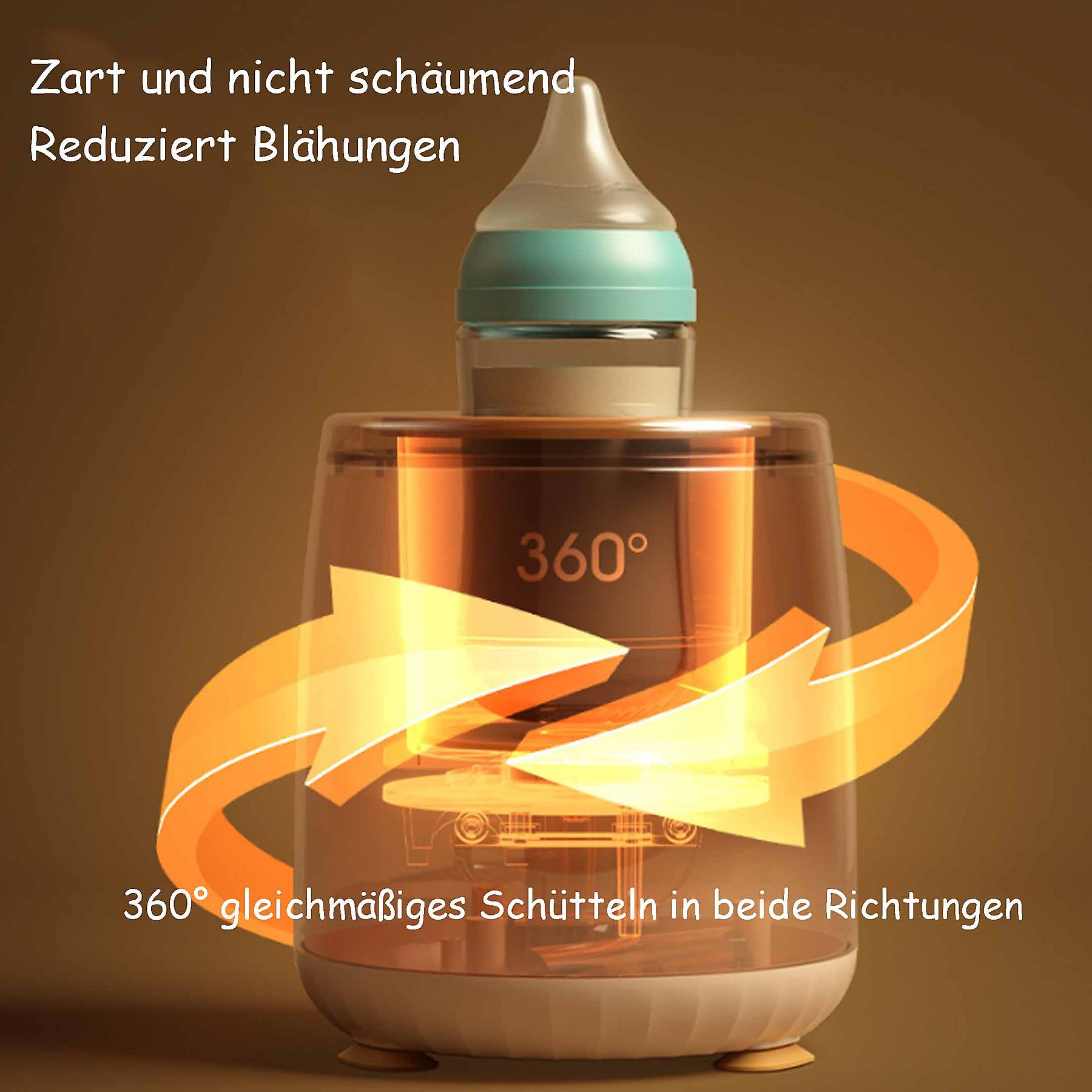 Babyflaschenwärmer mit Flasche. Pfeile zeigen 360-Grad-Schütteln an.