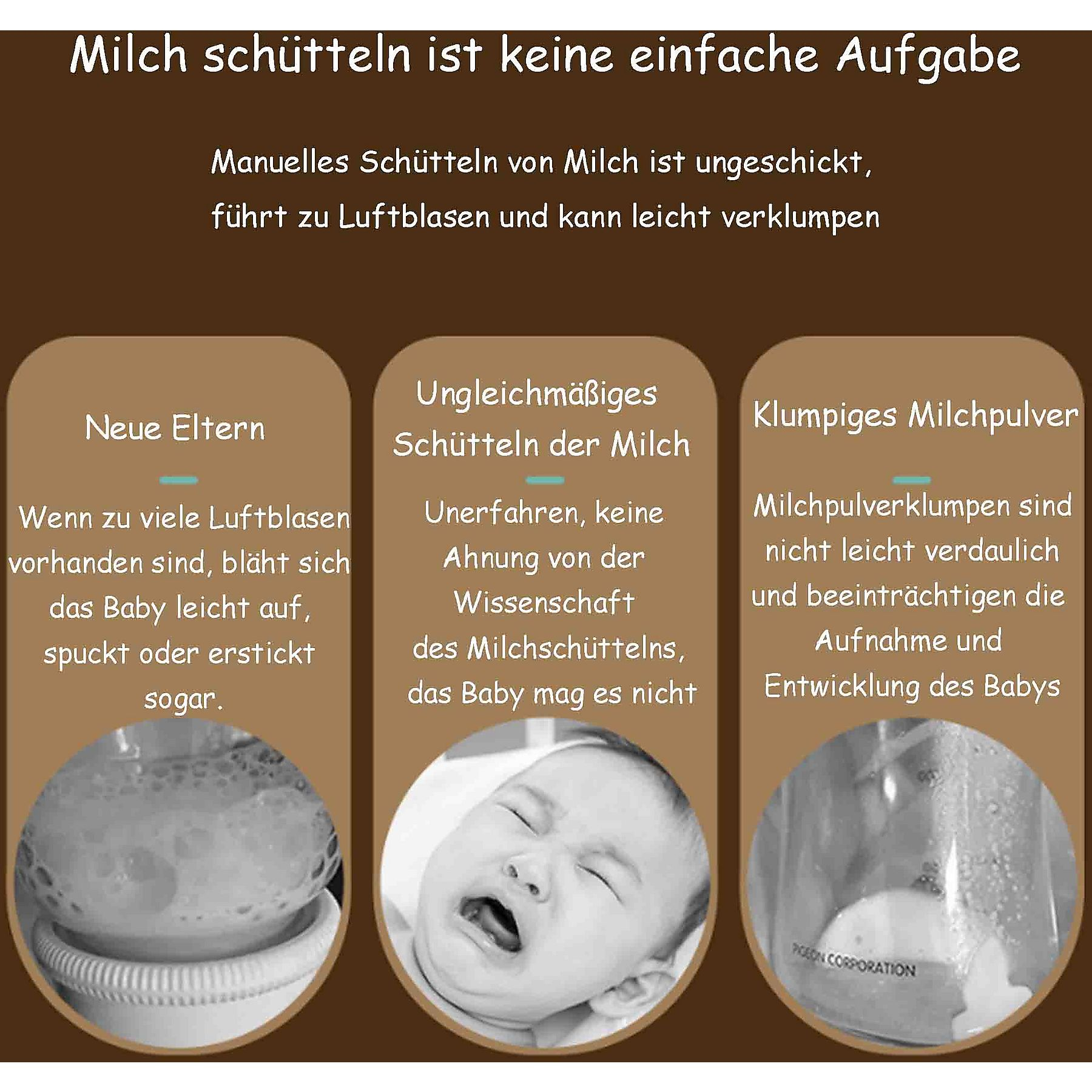 Drei Tafeln, die Probleme beim Milchschütteln diskutieren: Blasen, ungleichmäßiges Schütteln und Klumpen.