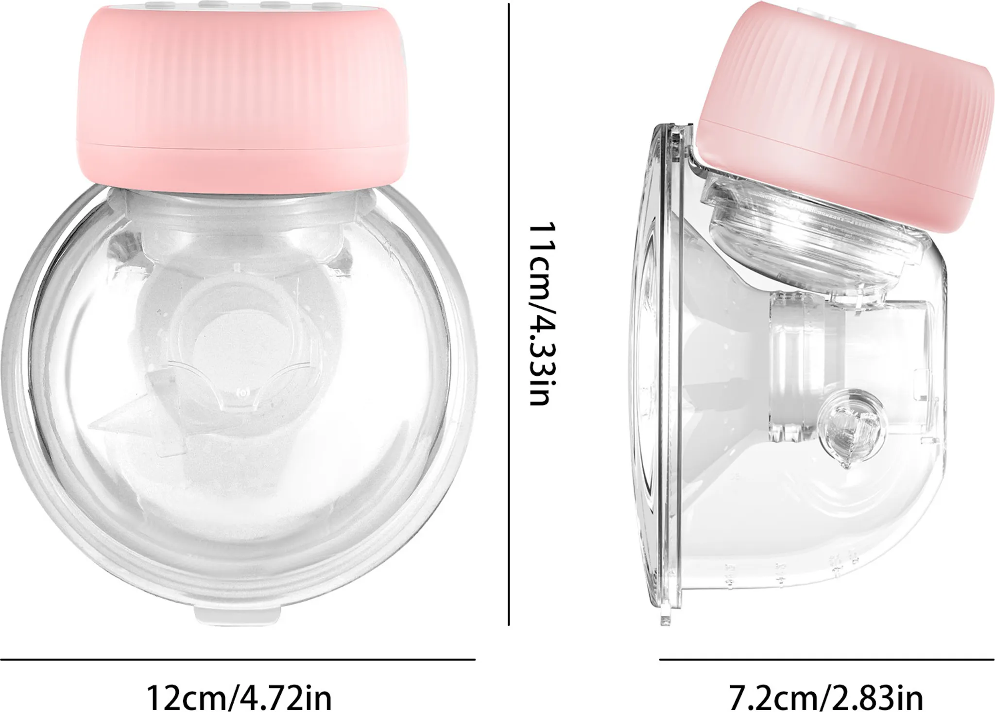 Brustpumpe, durchsichtiger Kunststoffbehälter mit rosa Deckel, Maße in cm und Zoll angegeben.