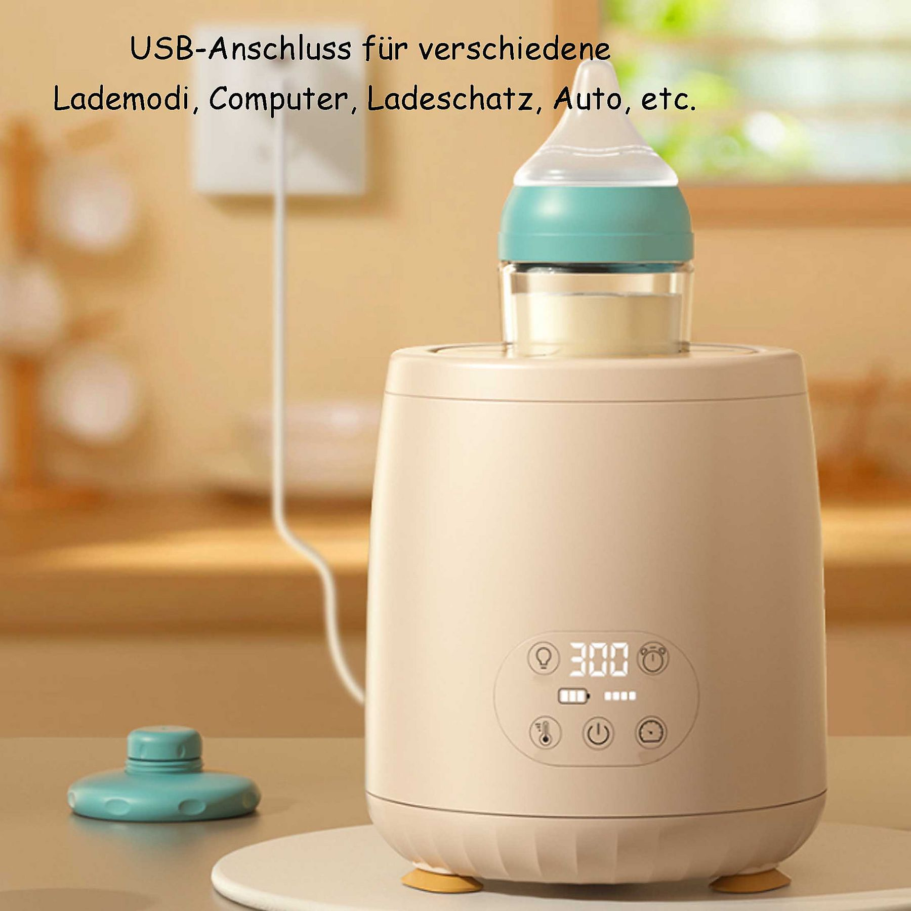 Babyflaschenwärmer mit Flasche. Es hat ein digitales Display und Knöpfe.