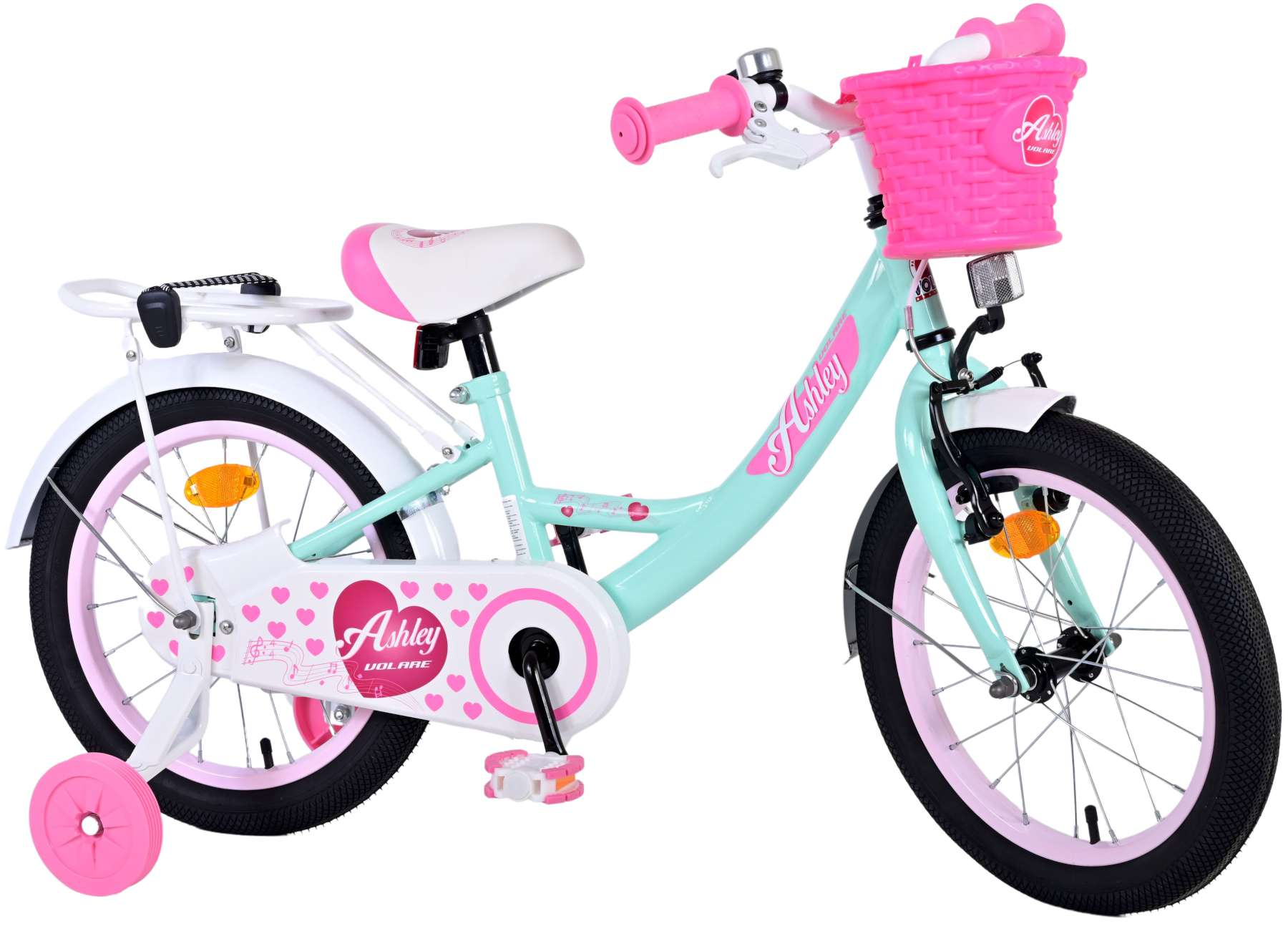 Hellblaues Fahrrad mit rosa Akzenten. Es hat einen Korb, Stützräder und den Namen 'Ashley'.