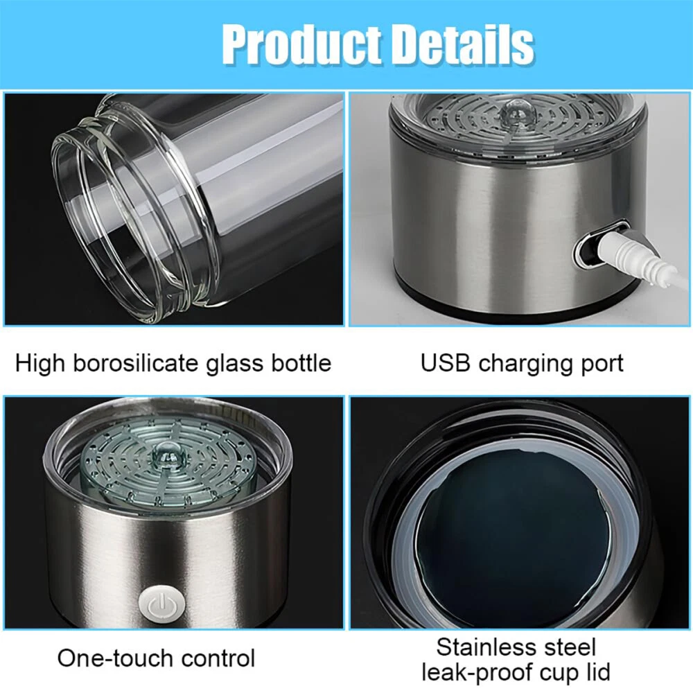 Produktdetails, die eine hochborosilikathaltige Glasflasche, einen USB-Ladeanschluss, eine One-Touch-Steuerung und einen auslaufsicheren Deckel aus Edelstahl zeigen.