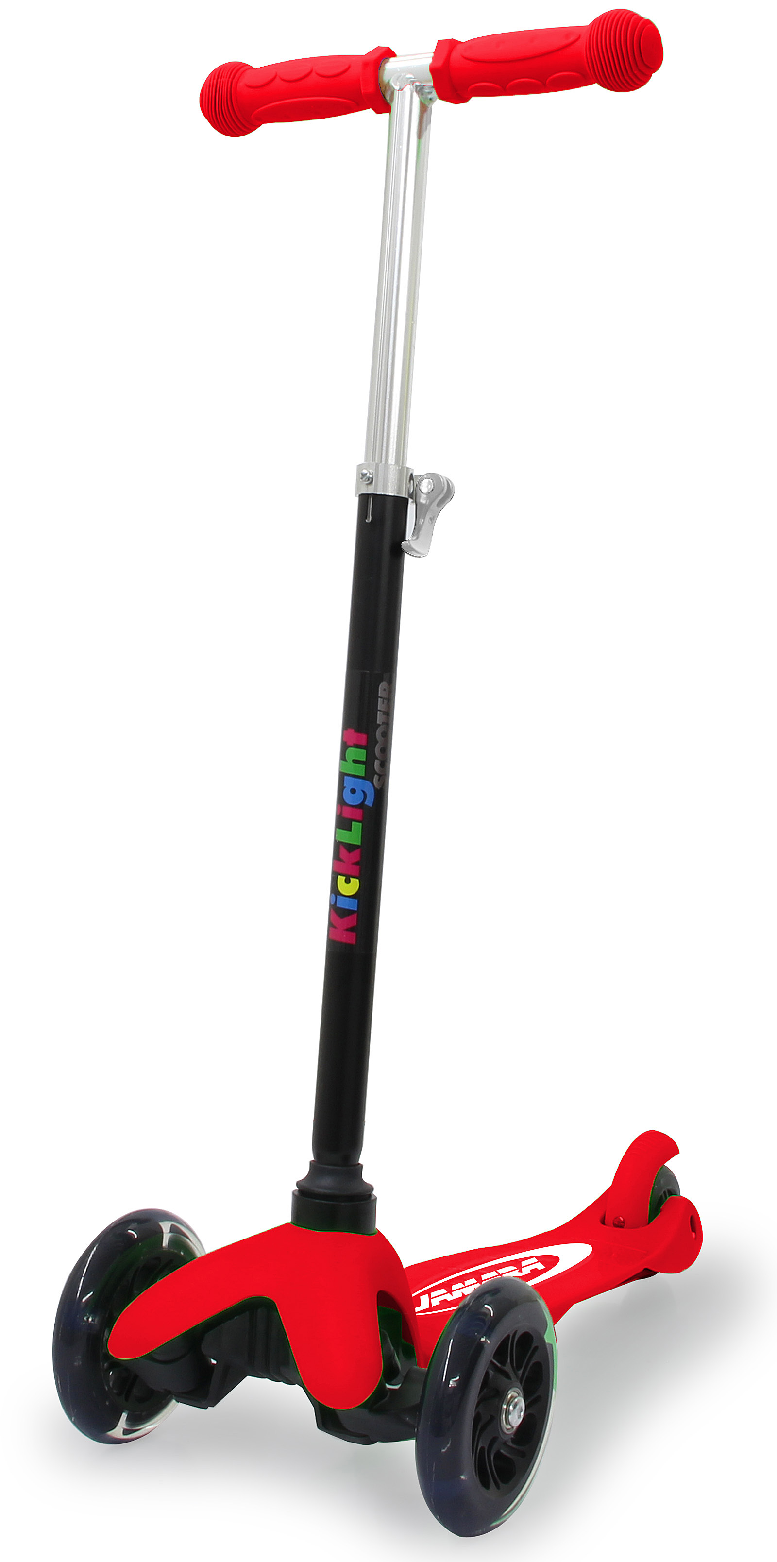 Ein roter dreirädriger Roller mit schwarzen Akzenten steht vor einem weißen Hintergrund und ist für die Nutzung durch kleine Kinder konzipiert.