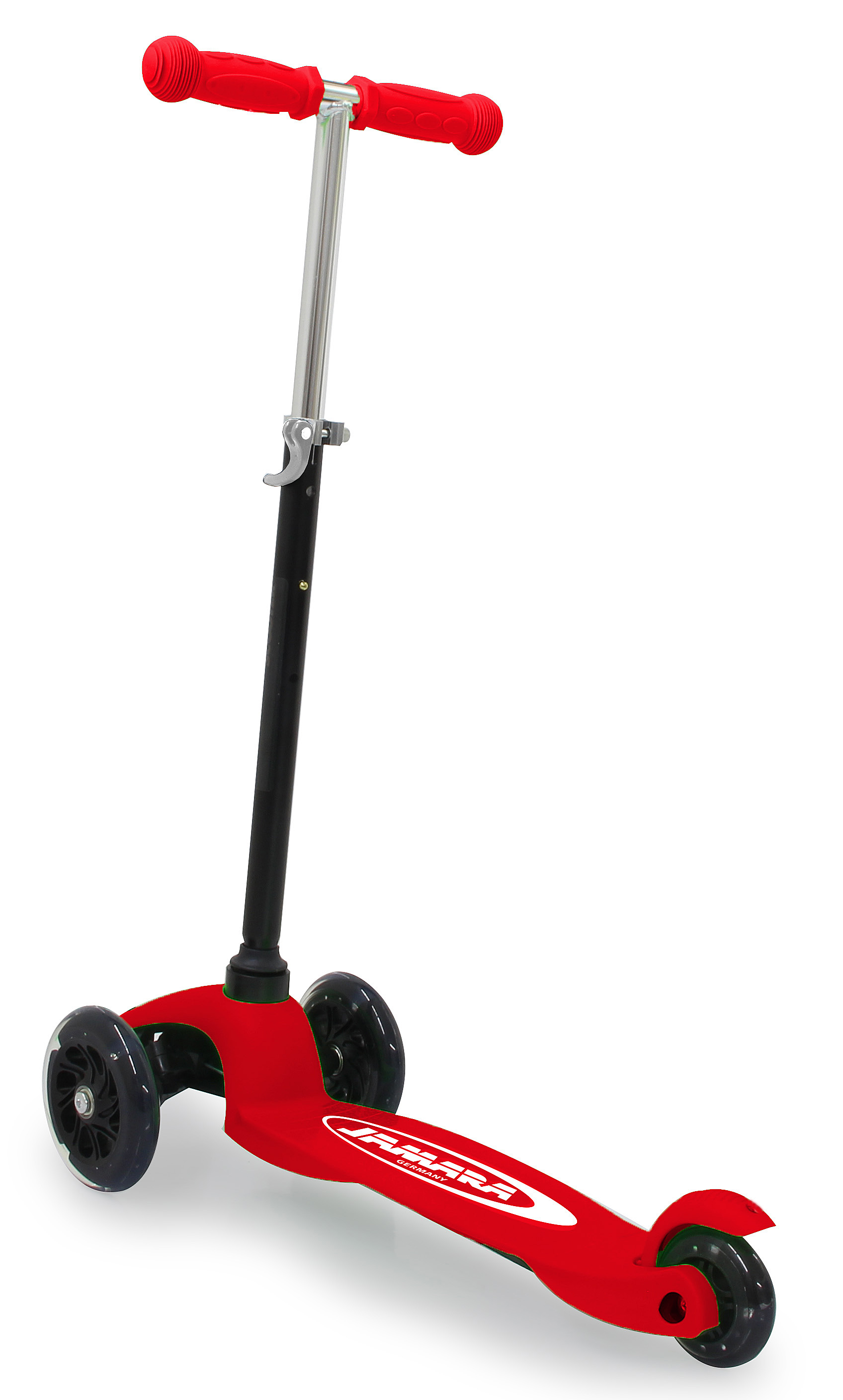 Roter Roller mit drei Rädern und roten Lenkern auf weißem Hintergrund.