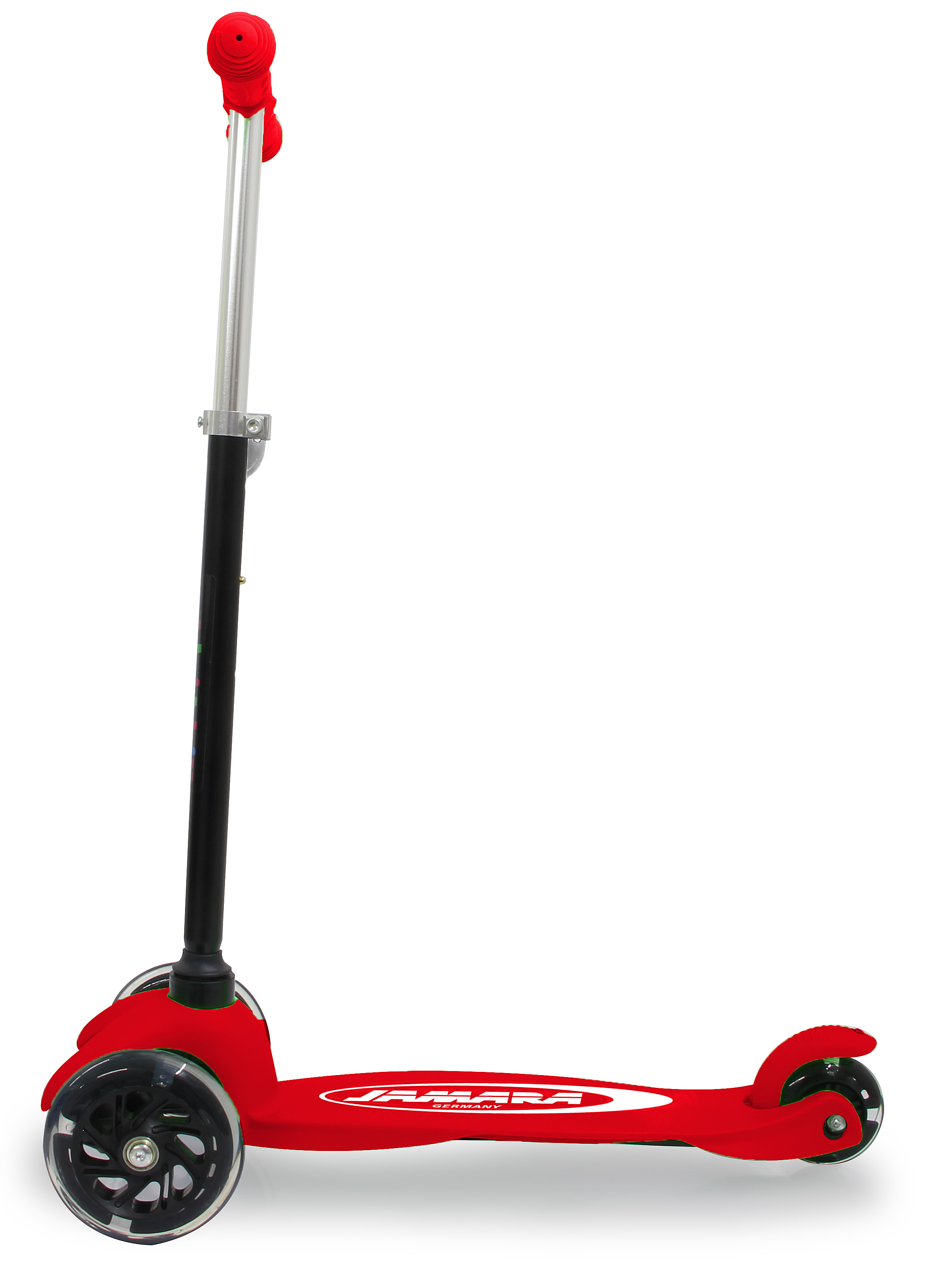 Roter Roller vor weißem Hintergrund. Der Roller hat drei Räder und einen schwarzen Griff.