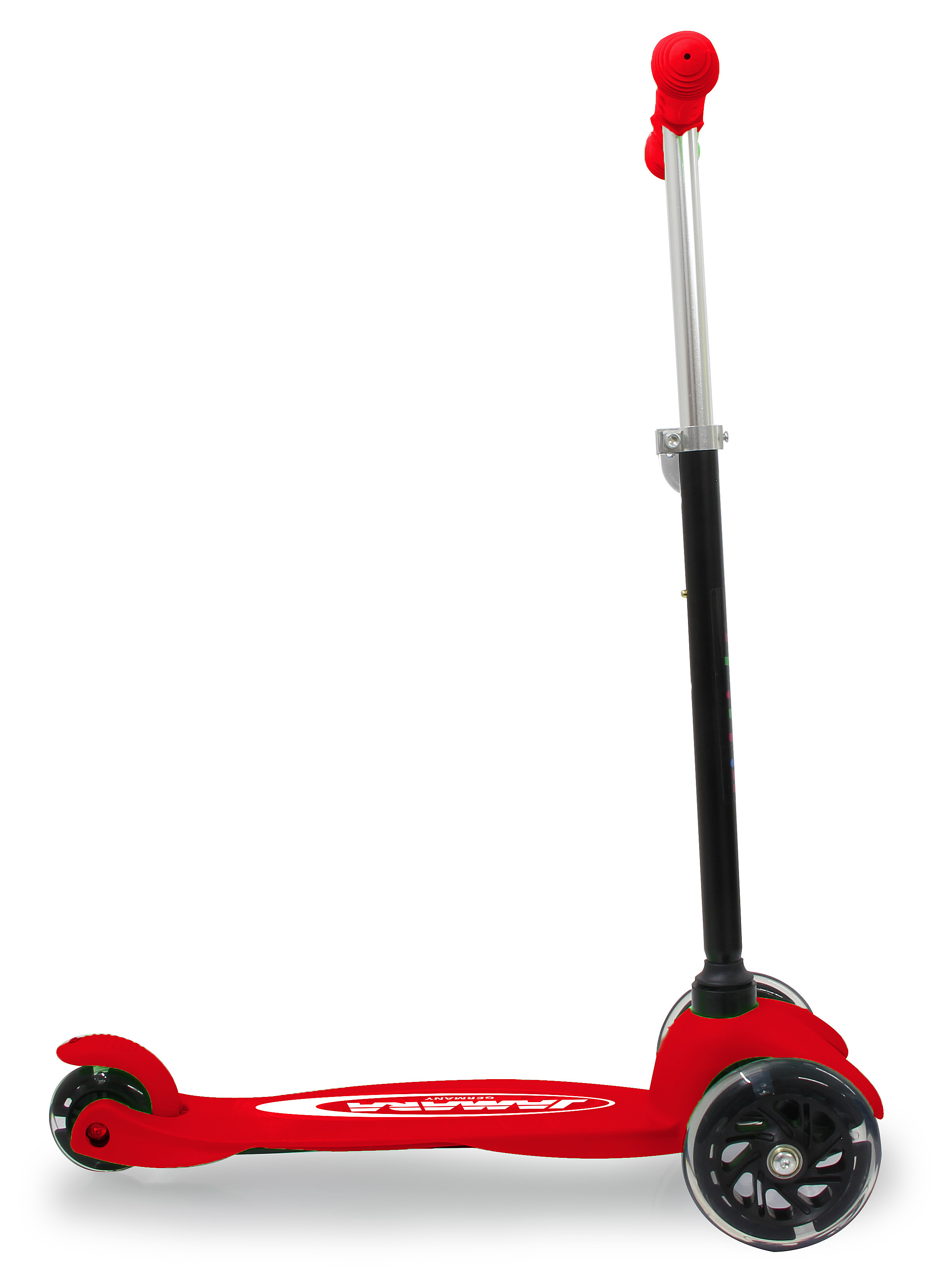 Roter Roller mit schwarzen Rädern, weißem Logo. Lenker, Vorbau und Deck. Isoliert auf Weiß.