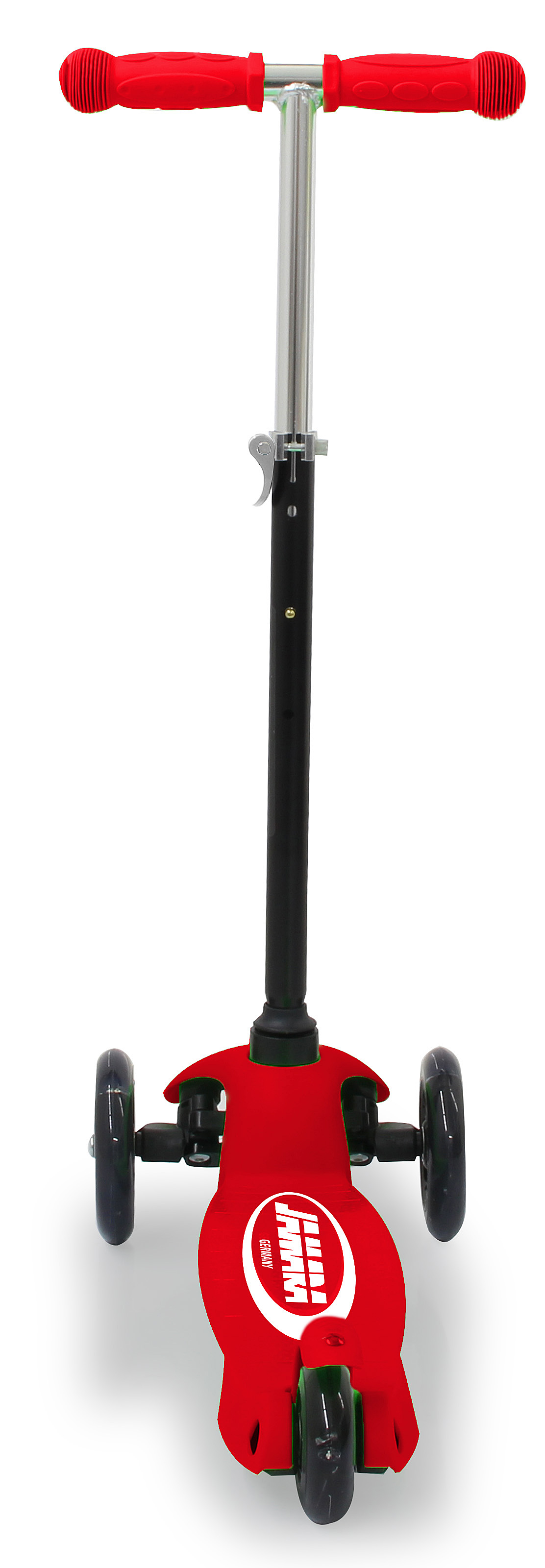 Roter und schwarzer Roller mit drei Rädern, roter Basis und Lenker.