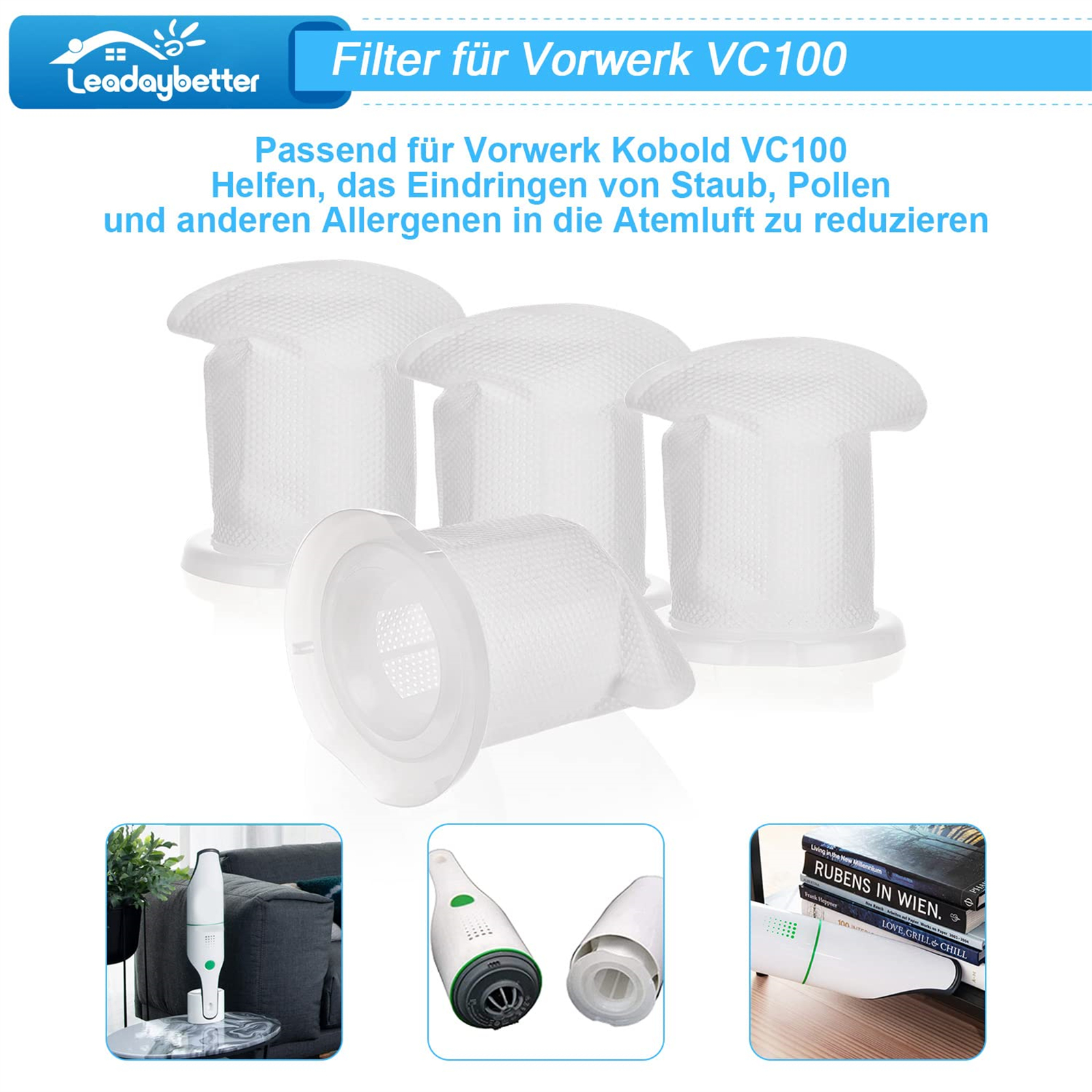 Vakuumfilter, Text: Filter für Vorwerk VC100. Bilder des Staubsaugers. Weißer Hintergrund.
