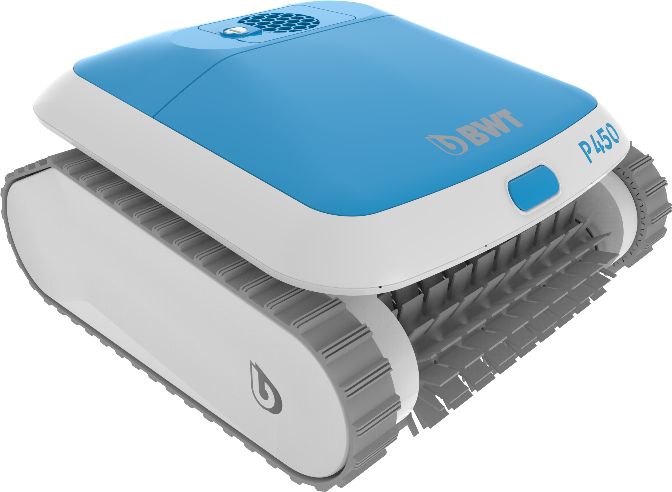 Un limpiador de piscinas sobre fondo negro. Es azul y blanco, con la marca BWT y el modelo P450.