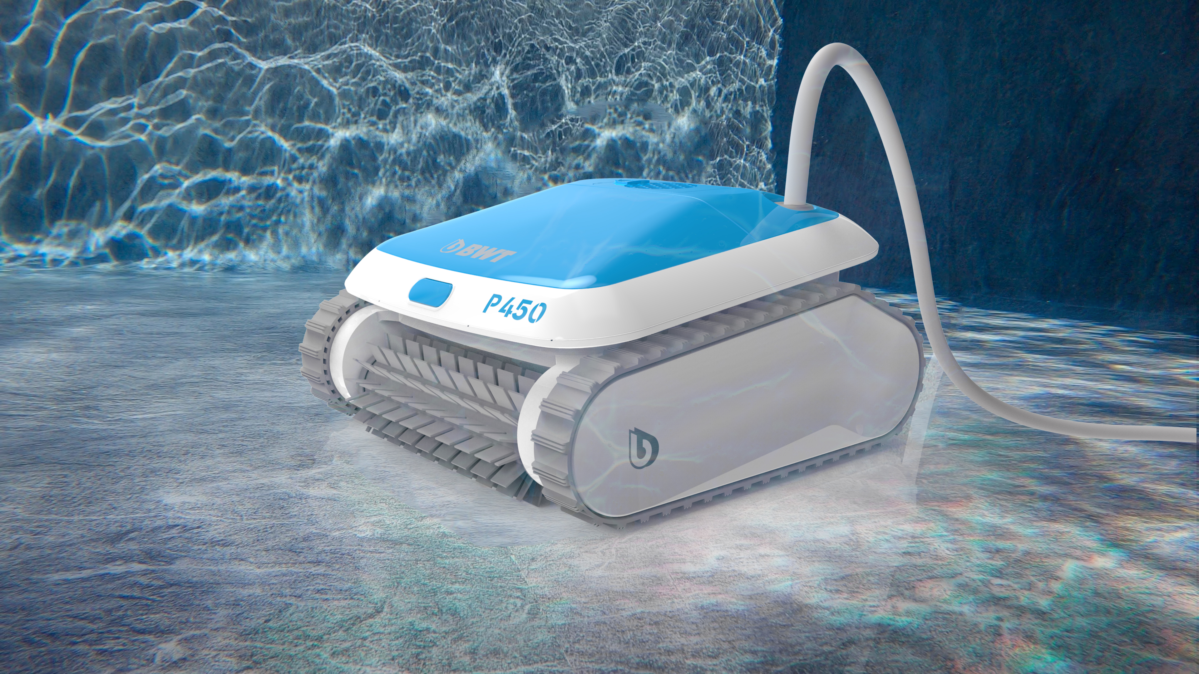 Un limpiador de piscinas en el agua. El limpiador es azul y blanco, con la marca BWT y el modelo P450.