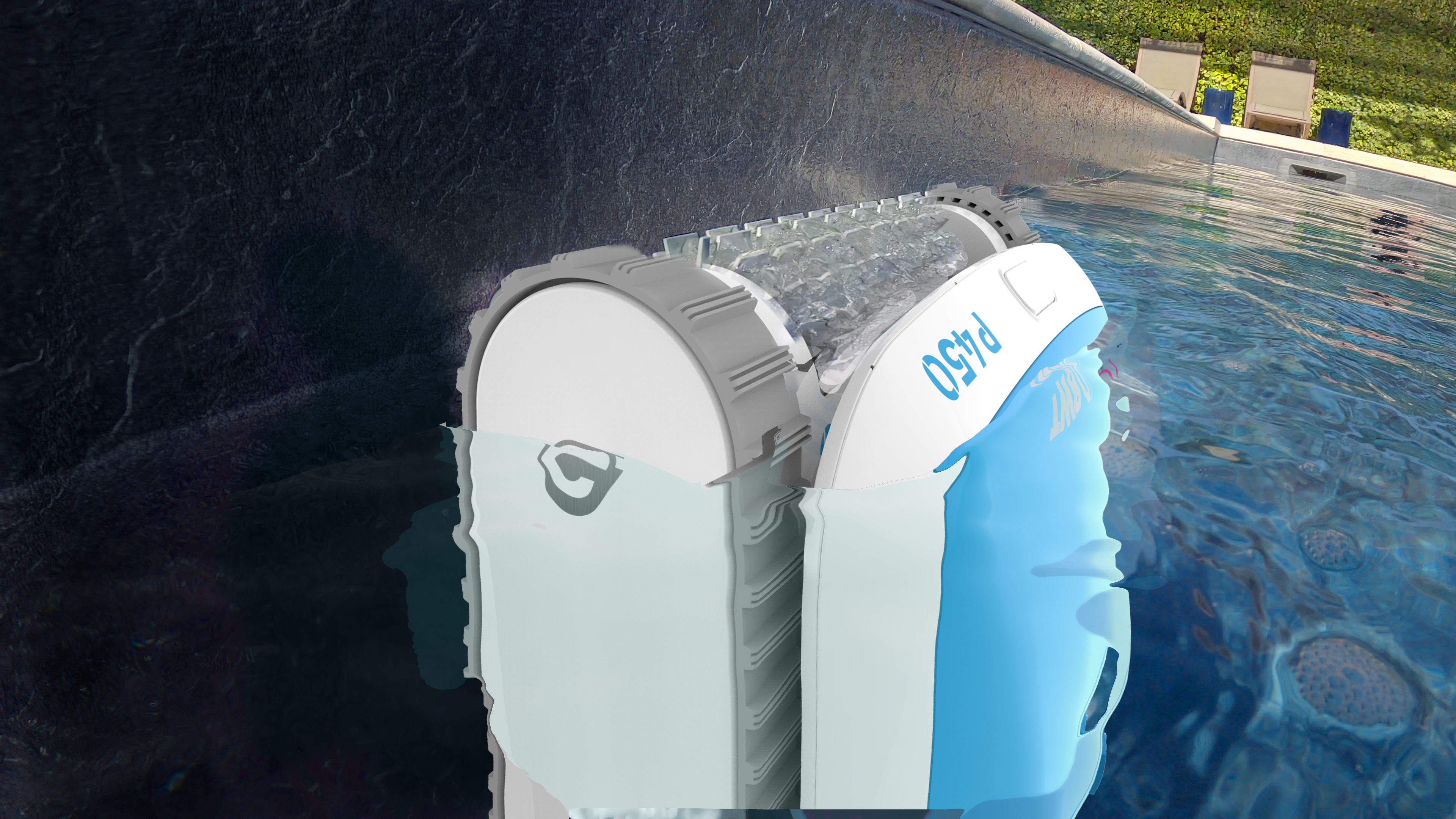 Un limpiador de piscinas sumergido en agua. Es azul y blanco, con la marca BWT y el modelo P450.