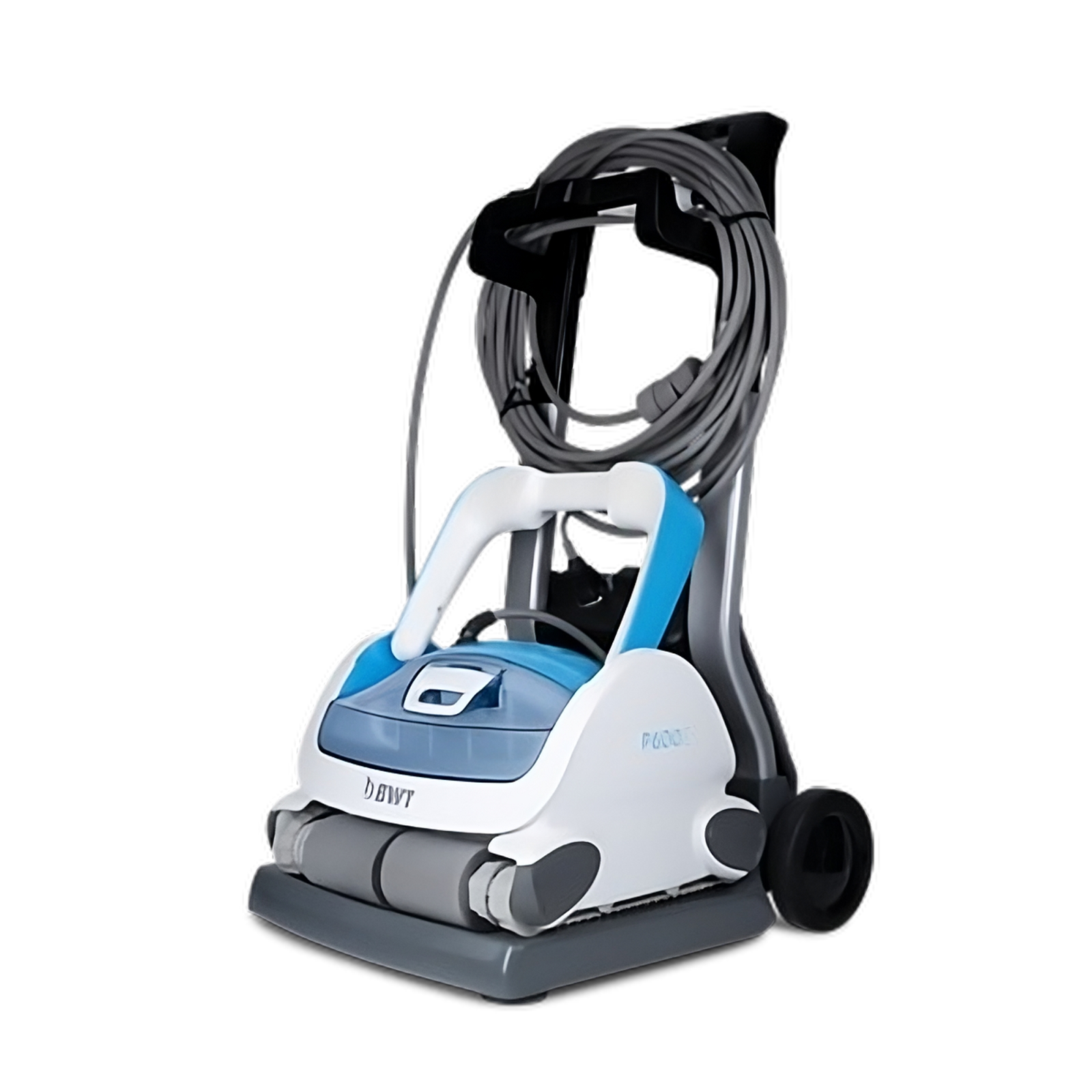 Un limpiador de piscinas en un carrito. Es azul y blanco, con la marca BWT y el modelo P500.