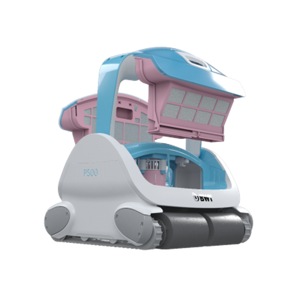 Un limpiador de piscinas con la parte superior abierta. Es blanco, azul y rosa. La marca es BWT y el modelo P500.