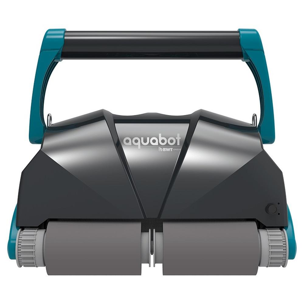 Vista frontal de un robot limpiador de piscinas aquabot gris y verde azulado con asa, sobre un fondo blanco.