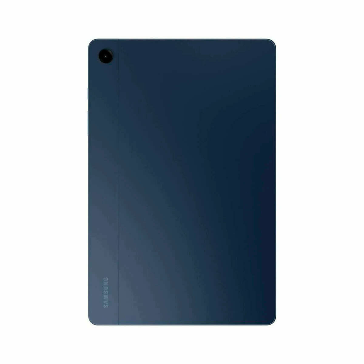 Vista posteriore di un tablet blu. Un singolo obiettivo della fotocamera è visibile vicino all'angolo in alto a sinistra. Il logo Samsung.
