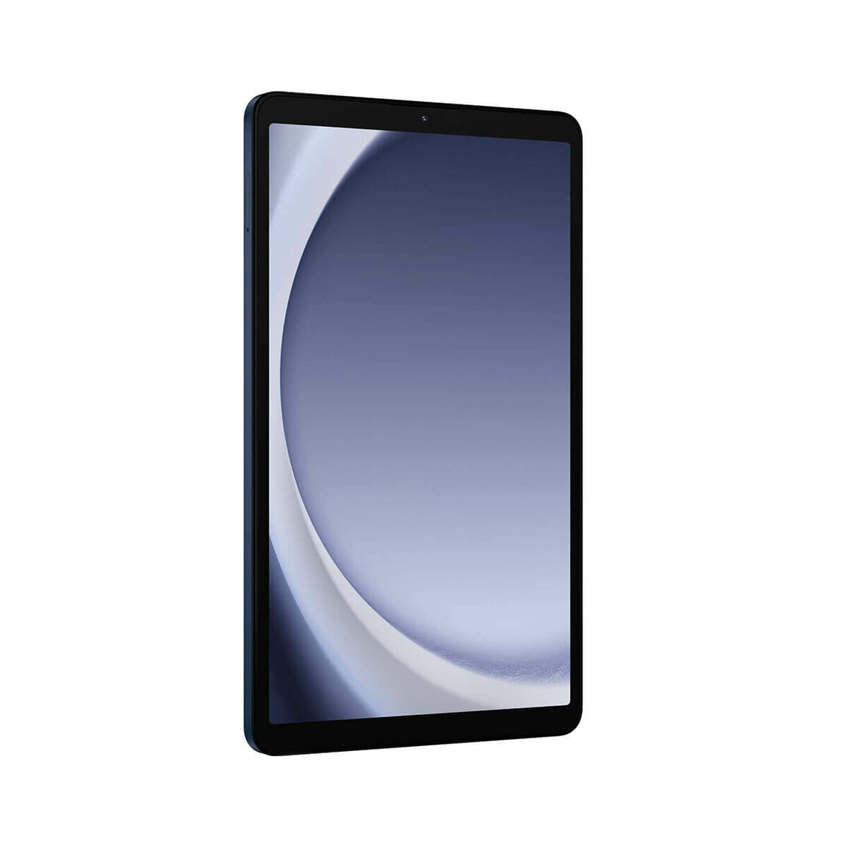 Un tablet blu, profilo laterale, con un'immagine astratta curva sullo schermo. Lo schermo ha una fotocamera.
