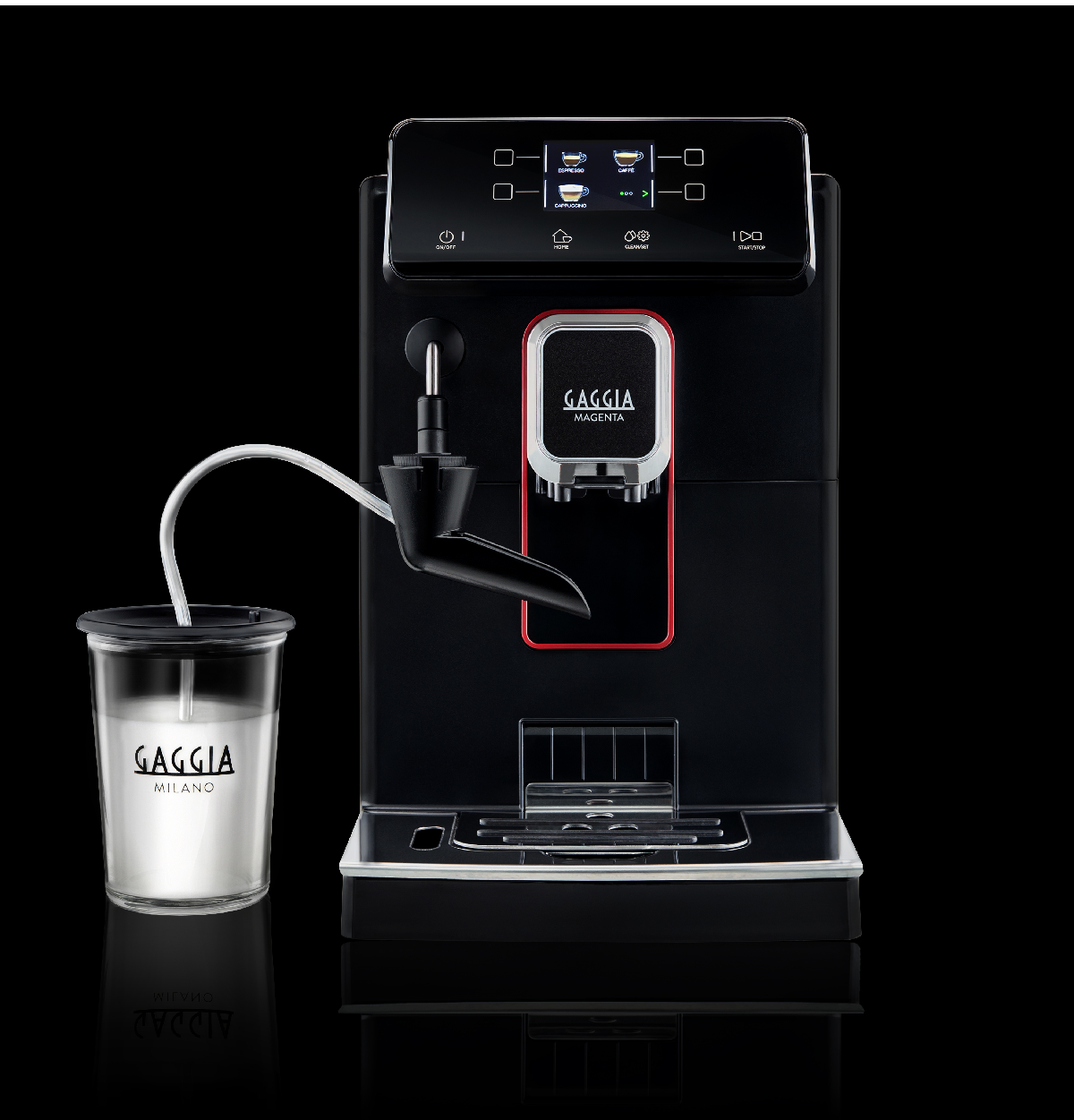 Eine schwarze Gaggia Milano Espressomaschine. Ein Becher ist mit einem weißen Schlauch befestigt. Die Maschine hat eine rote Umrandung und ein digitales Display.
