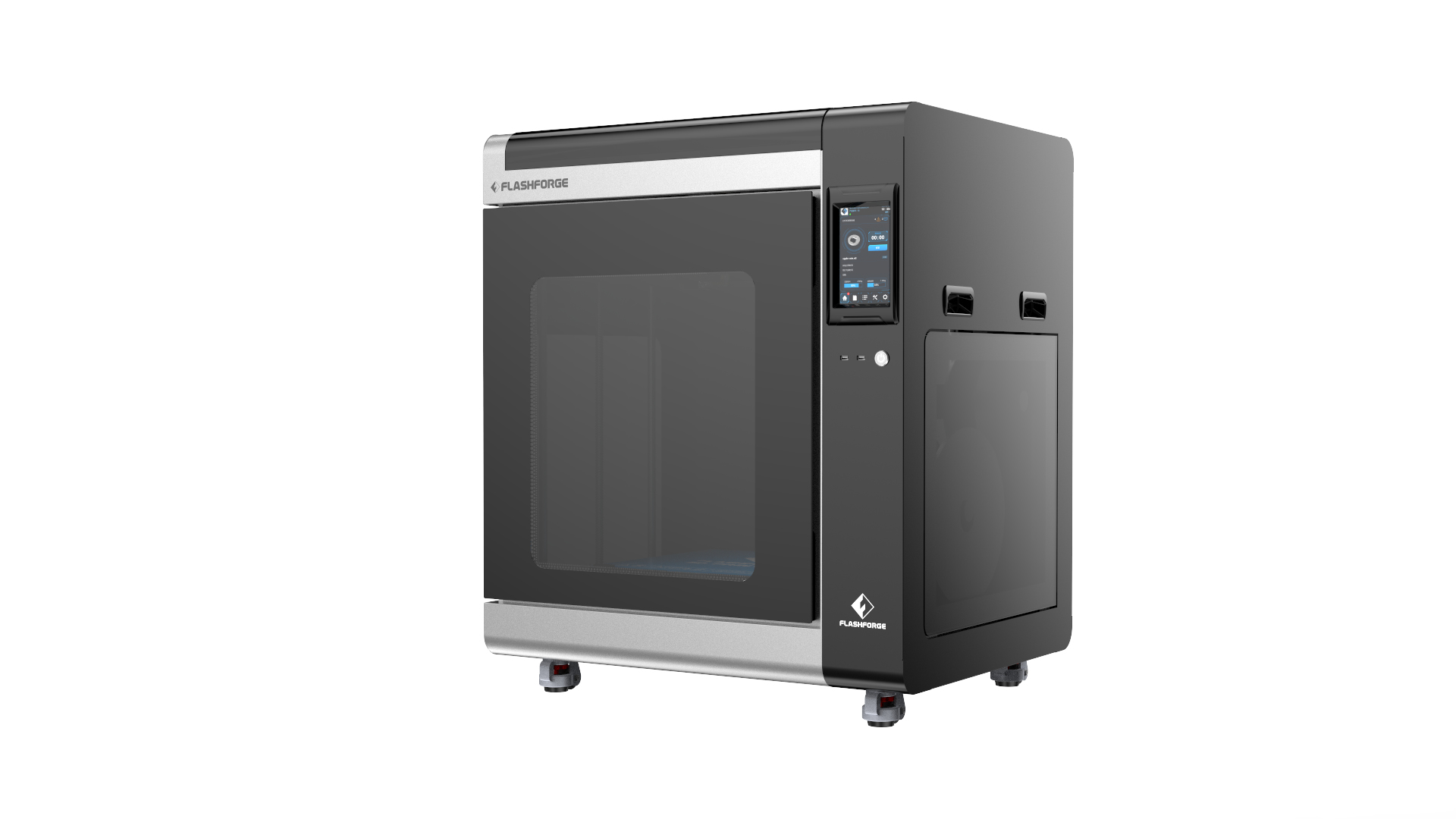 Stampante 3D a forma di forno, nera e grigia. Porta chiusa, schermo e logo Flashforge sul lato.