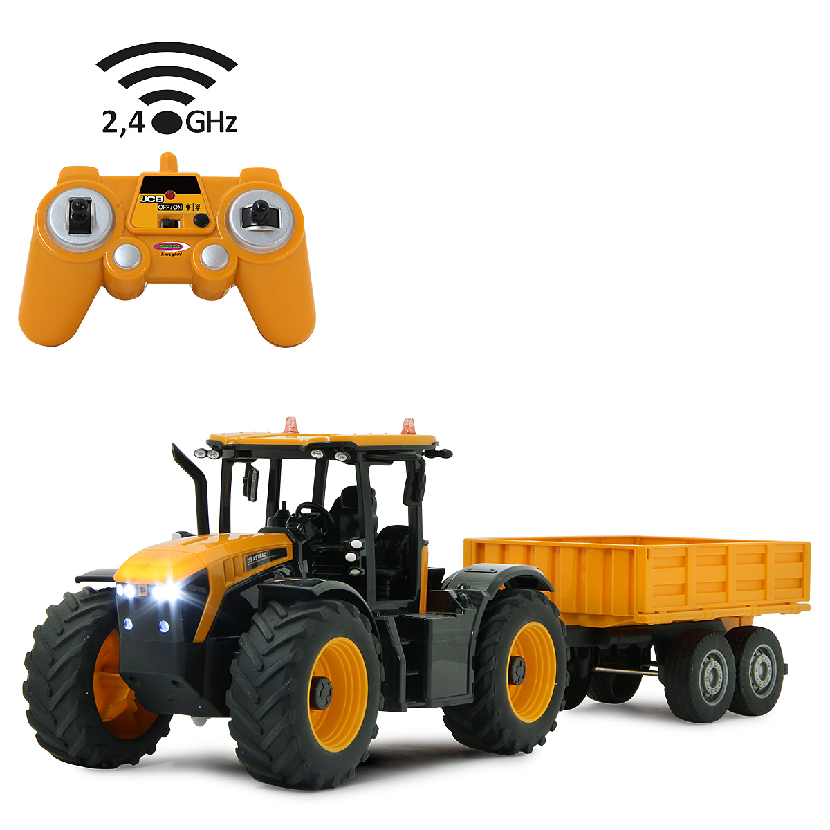 Gelber Traktor mit Anhänger und Fernbedienung. Fernbedienung zeigt Knöpfe und Antenne. 2,4 GHz Frequenz.
