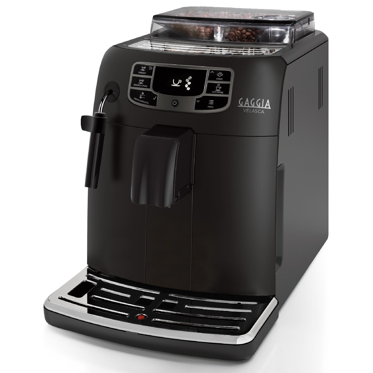 Zwarte Gaggia Velasca espressomachine. Inclusief watertank, bedieningspaneel en koffiebonencontainer.