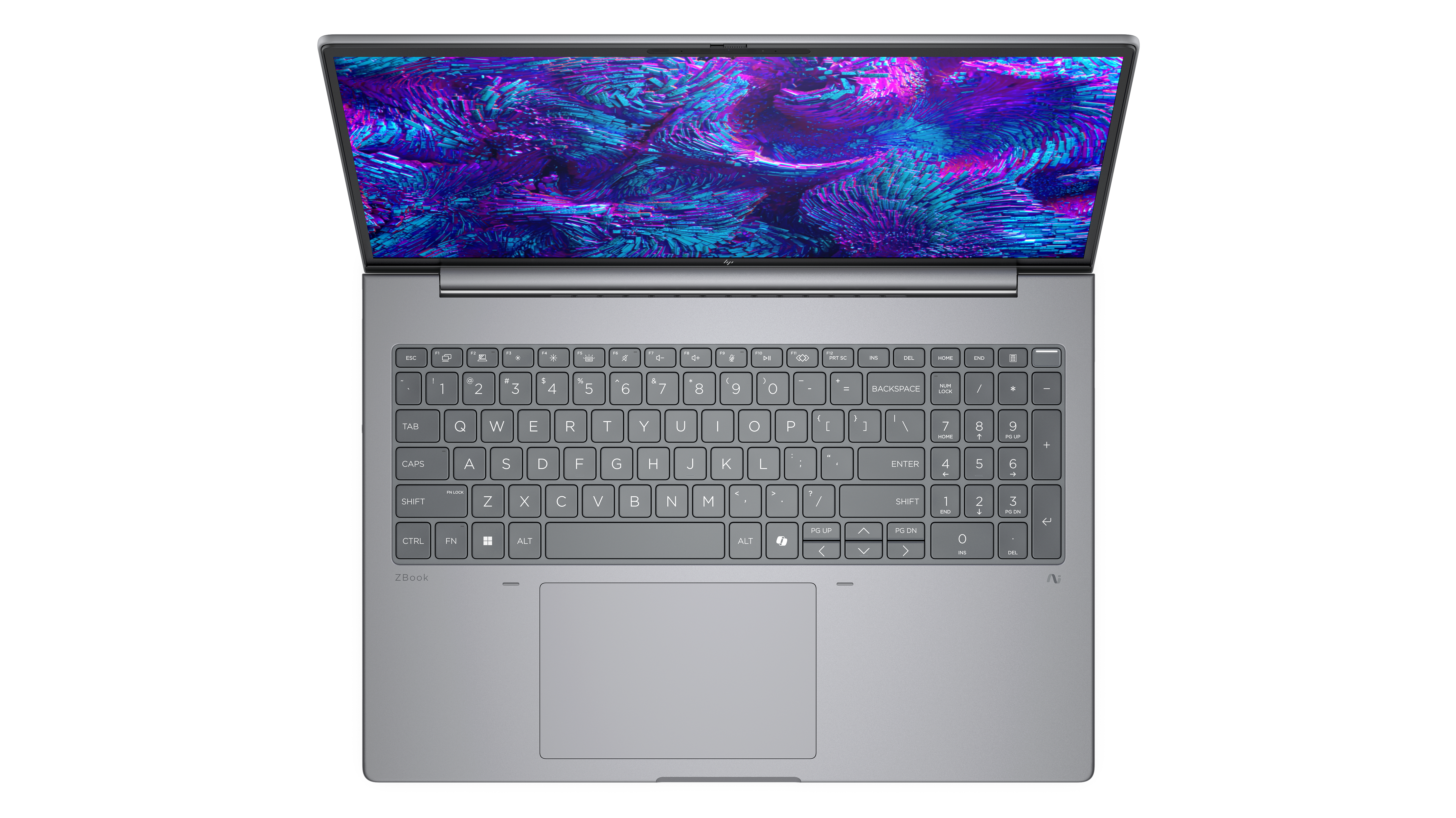 Laptop con coperchio aperto, con design astratto e colorato sullo schermo. Tastiera e trackpad grigi.