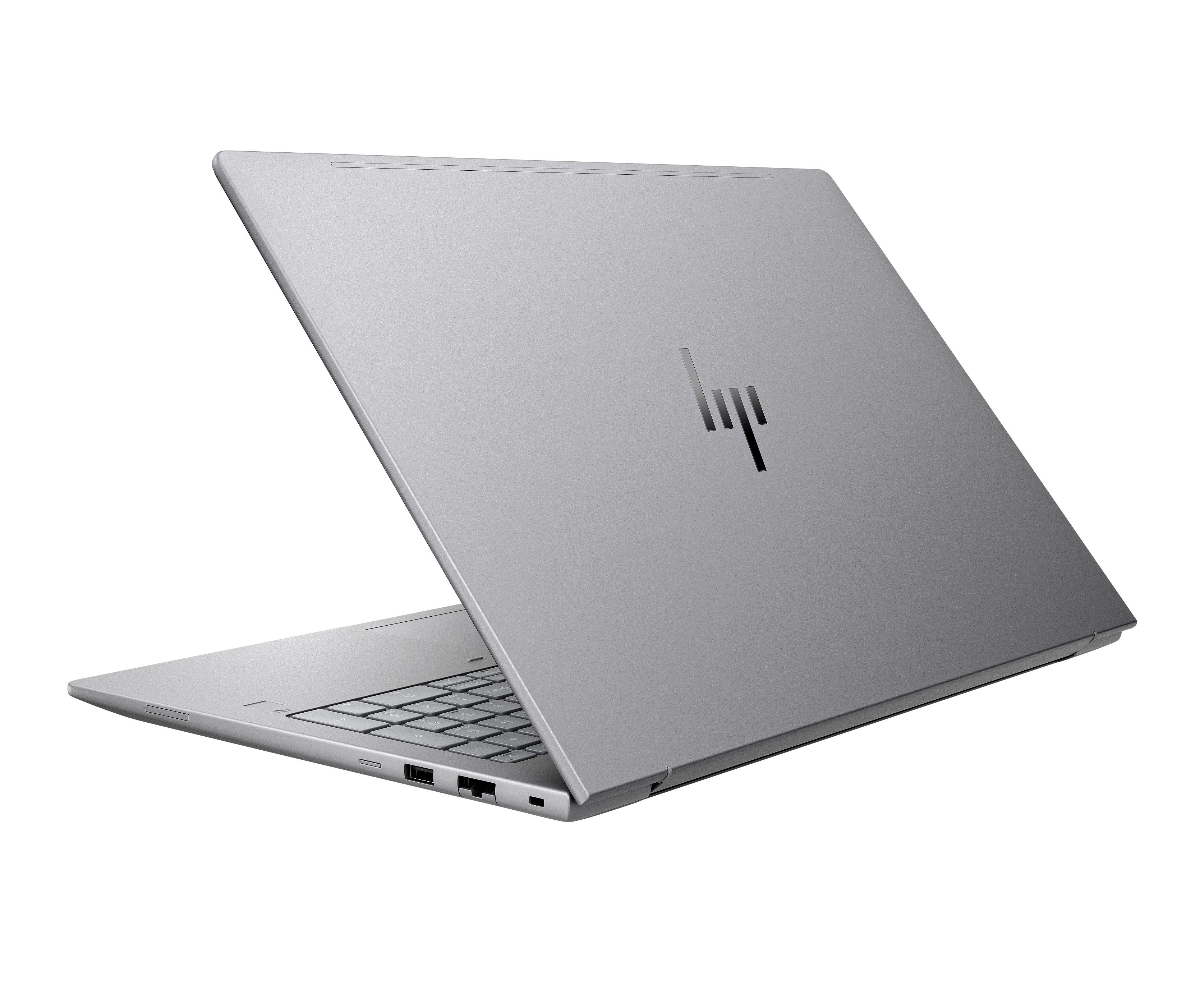 Laptop argentato, chiuso, con logo HP visibile sul retro, su sfondo bianco.