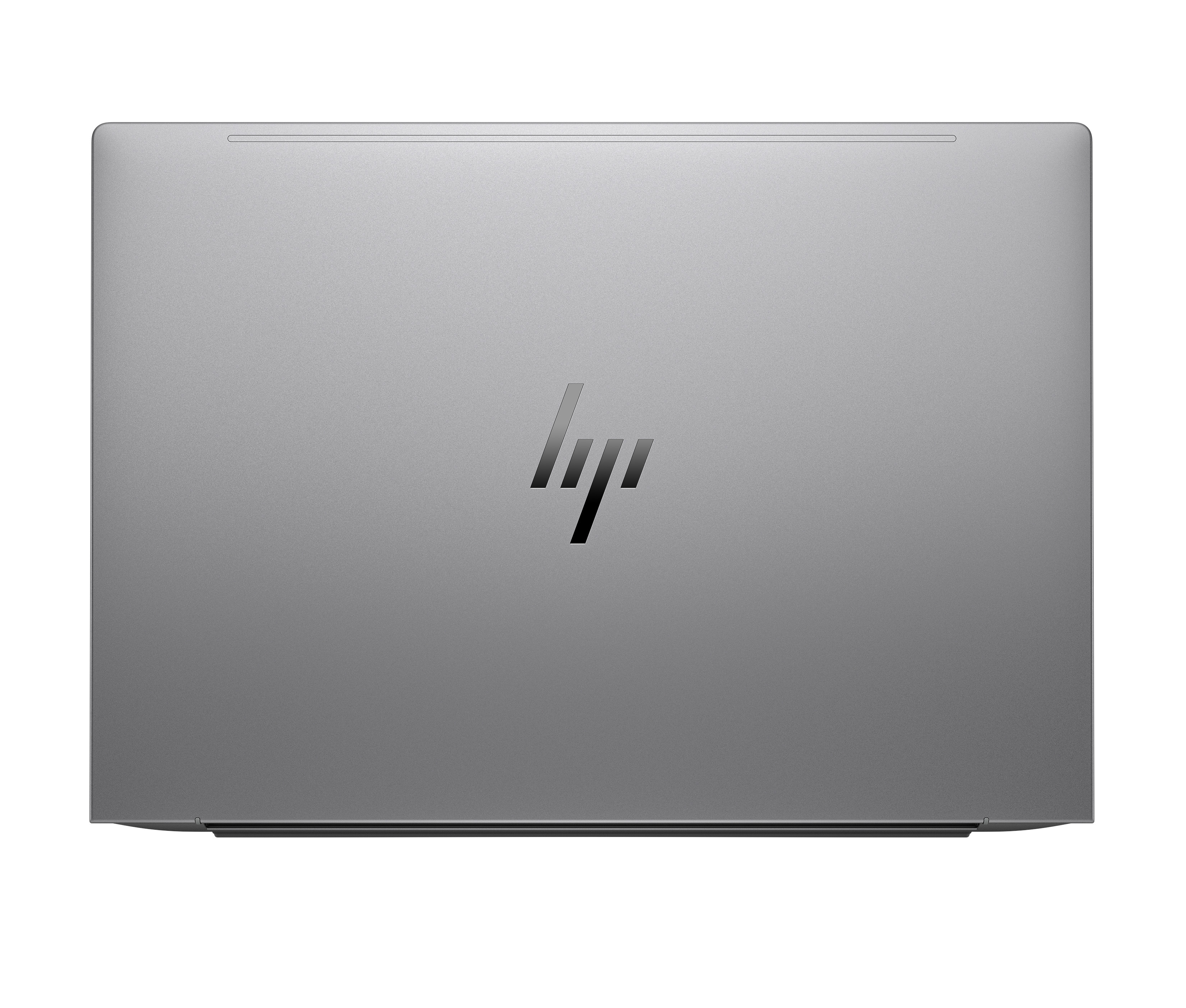 Il retro di un laptop grigio con il logo HP in nero.