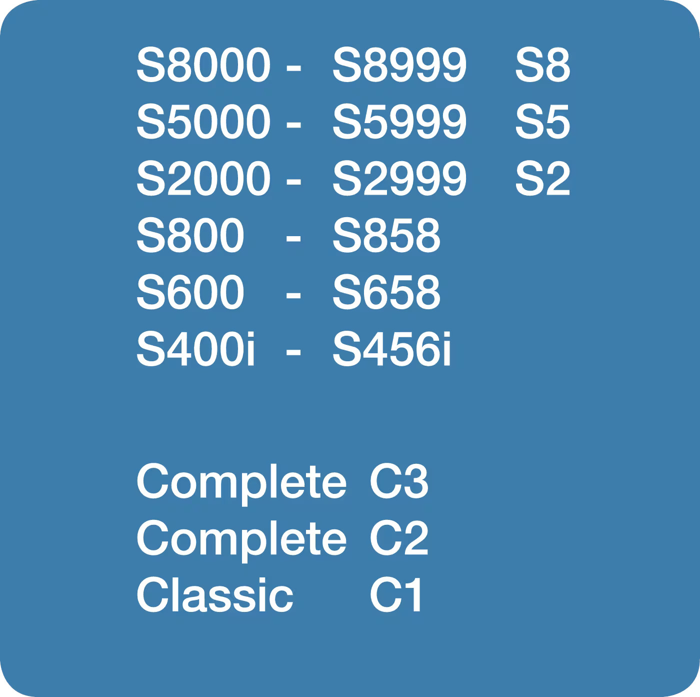 Blauer Hintergrund mit Text über Staubsauger. Modelle sind aufgelistet S8000-S456i und C1-C3.