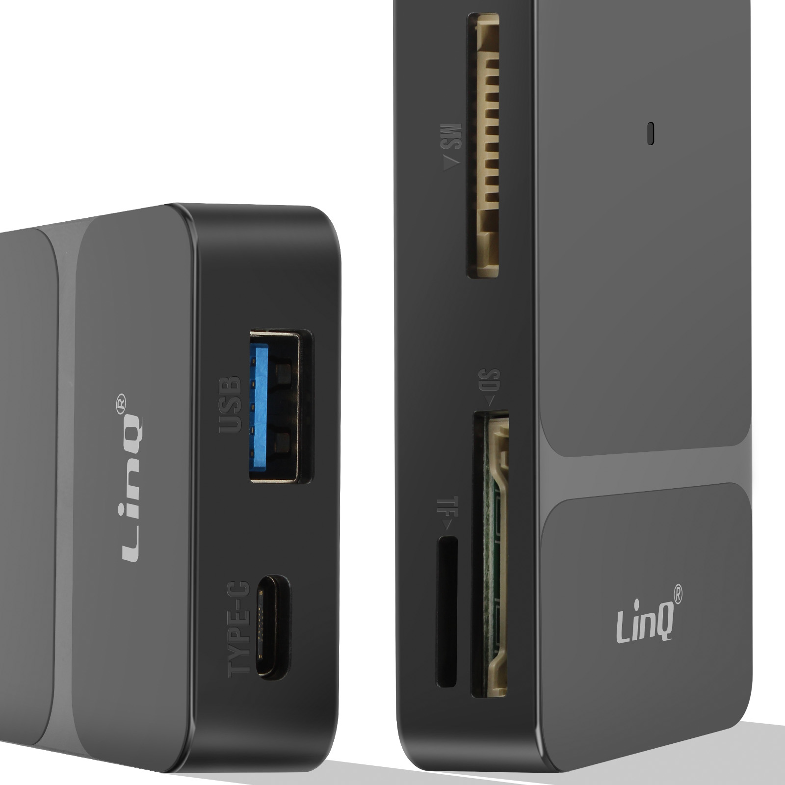 Un hub USB grigio con porte USB, USB-C, SD, TF e MS. Il marchio LinQ è visibile sul lato.