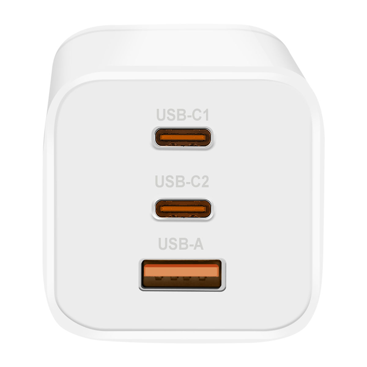 Un caricatore USB bianco con tre porte: USB-C1, USB-C2 e USB-A. Il caricatore è su sfondo bianco.