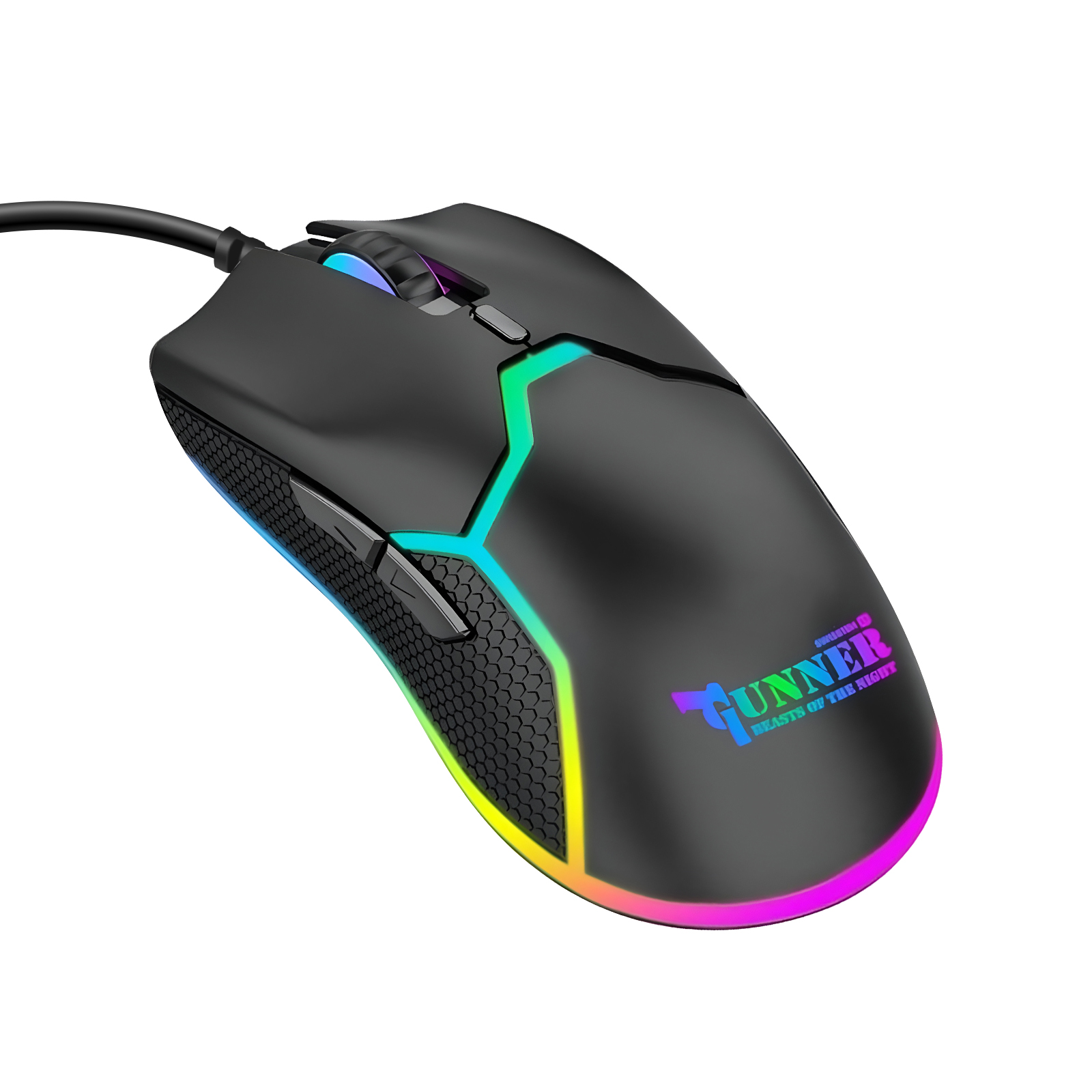 Eine schwarze Gaming-Maus mit RGB-Beleuchtung und dem Text GUNNER BEASTS OF THE RIGHT.