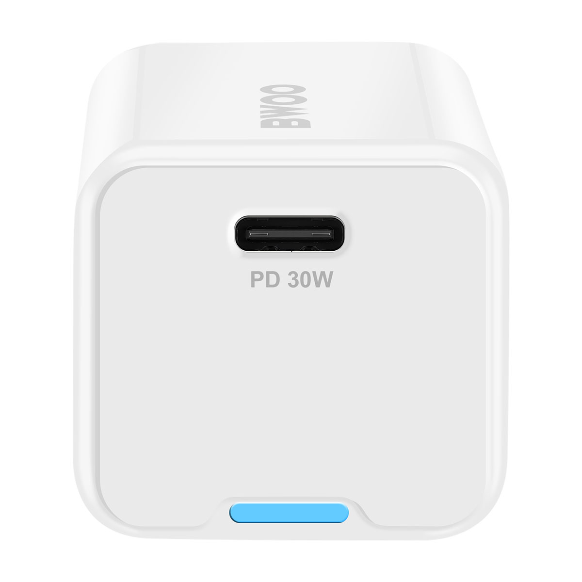 Un caricatore USB bianco con una singola porta USB-C. Dice PD 30W e ha la scritta BWOO.