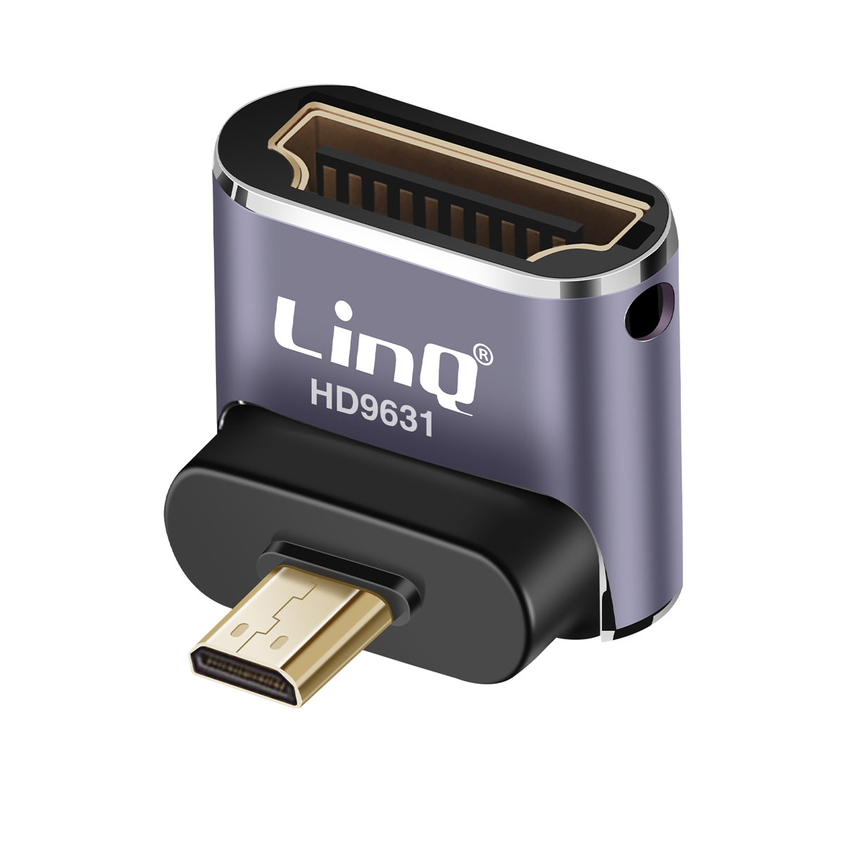 Un adattatore HDMI viola con una porta HDMI dorata e una porta mini USB nera.
