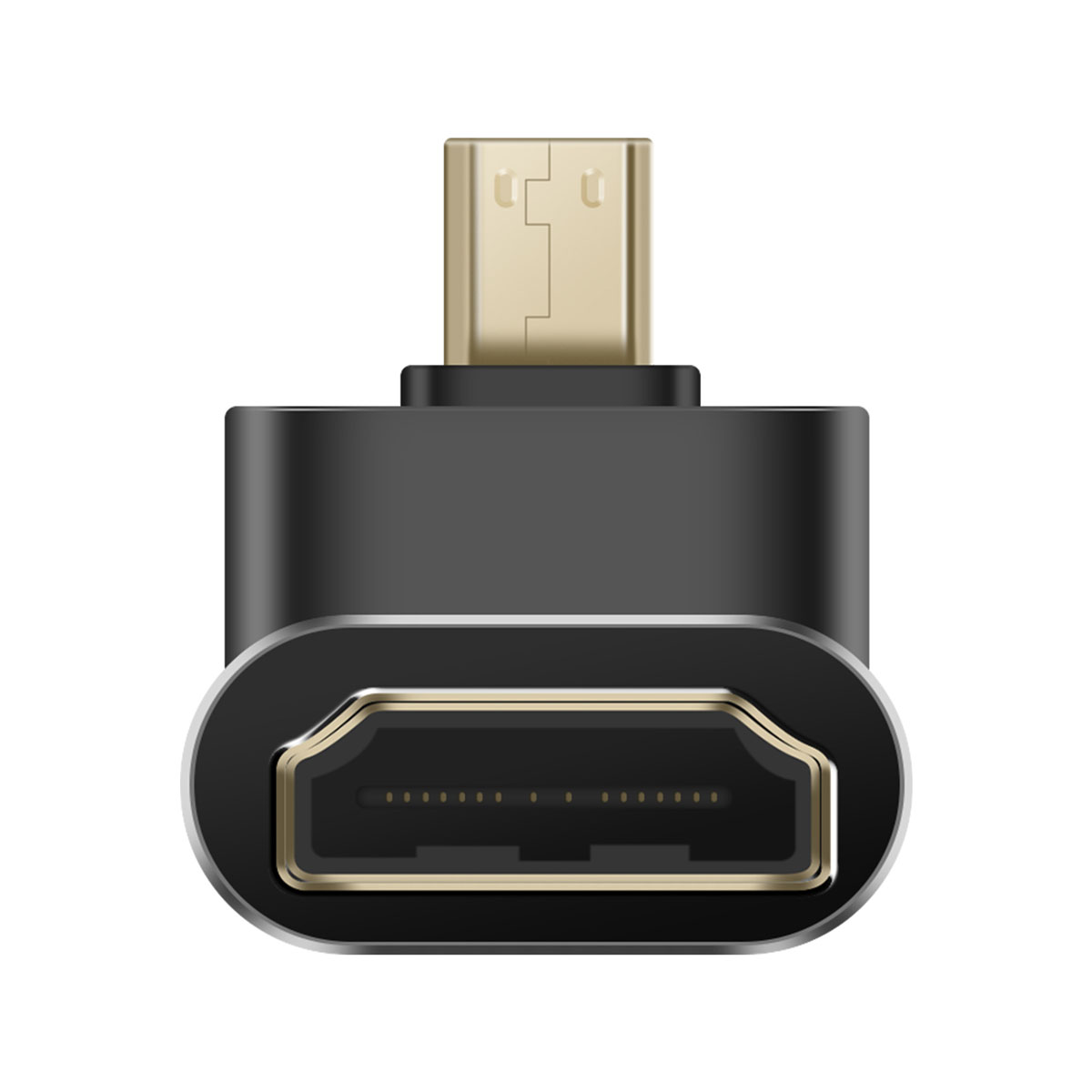 Un adattatore HDMI nero con una porta HDMI dorata e una porta mini USB dorata.