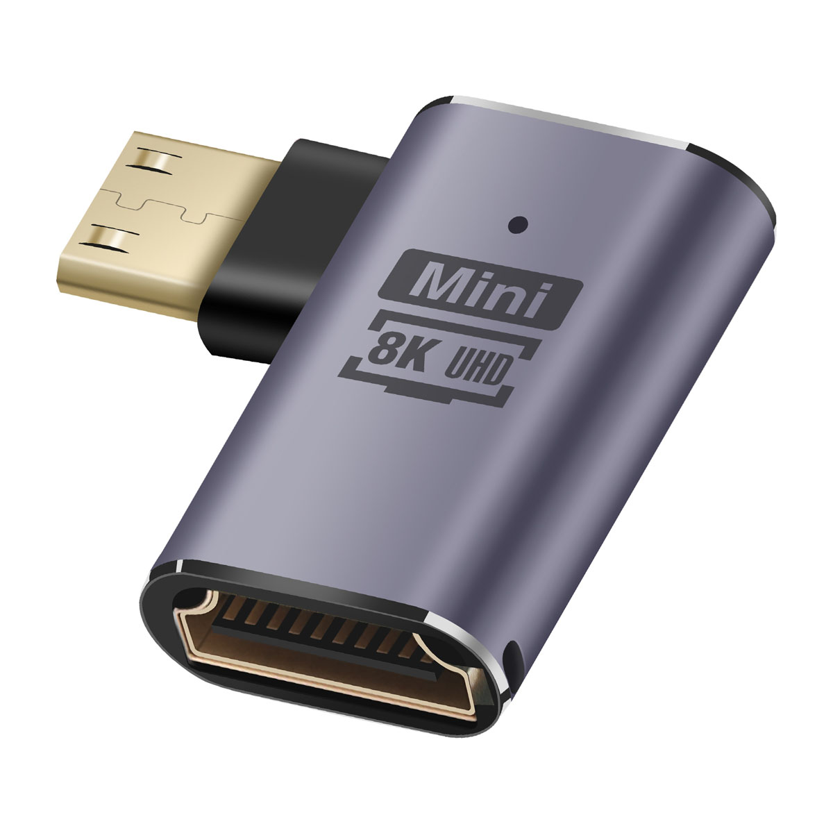 Un adattatore HDMI viola con le parole "Mini 8K UHD" stampate sopra.