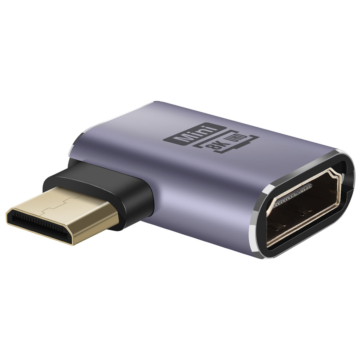 Un adattatore HDMI viola con il testo "Mini 8K UHD", con una porta HDMI e USB-C.