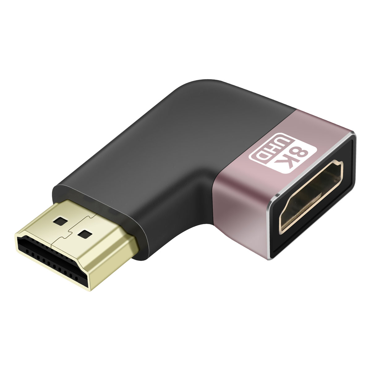 Un adattatore HDMI nero e oro rosa. È ad angolo di 90 gradi.